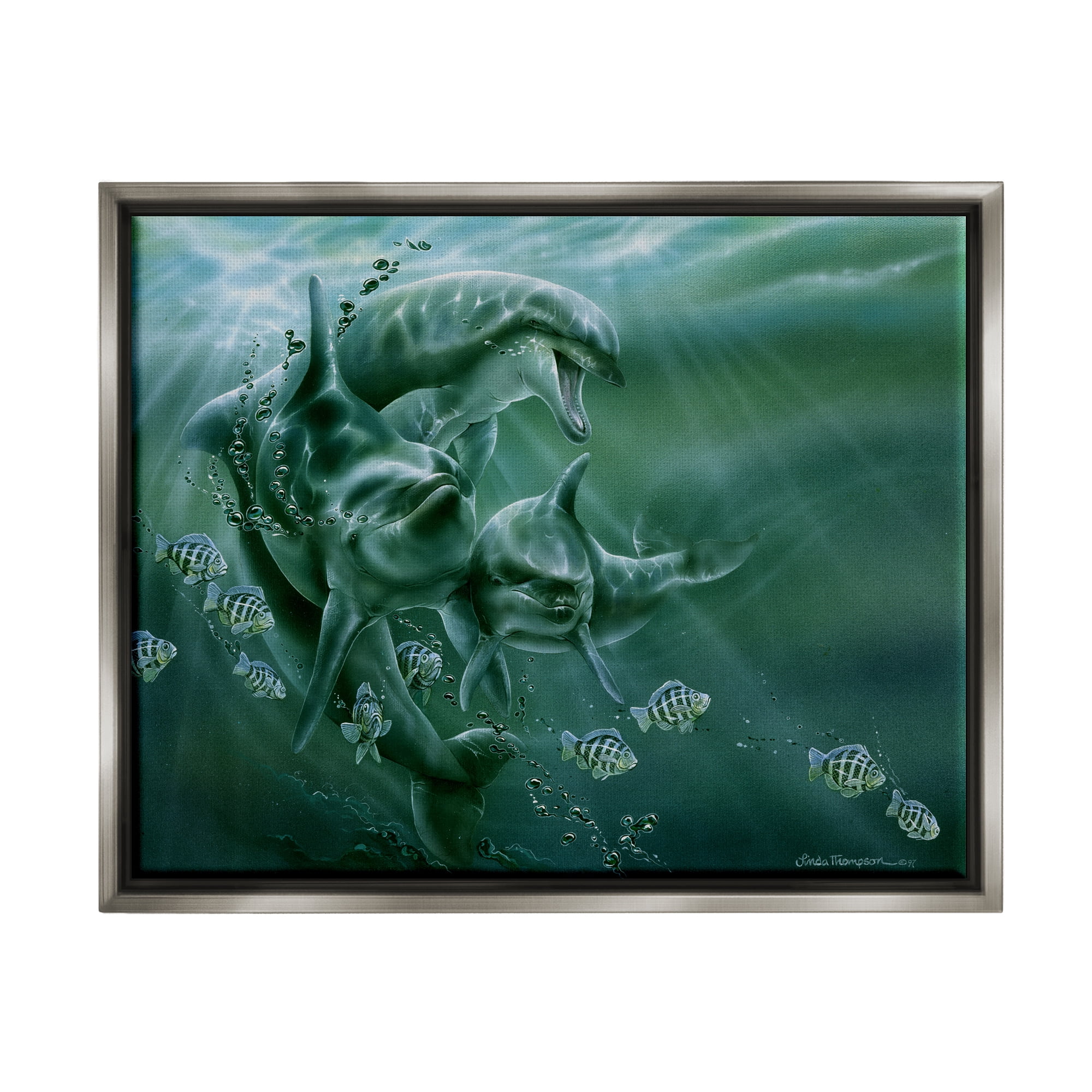 Stupell Industries Underwater Dolphins and Fish Coastal Painting Gray Floater Framed Art Print Wall Art