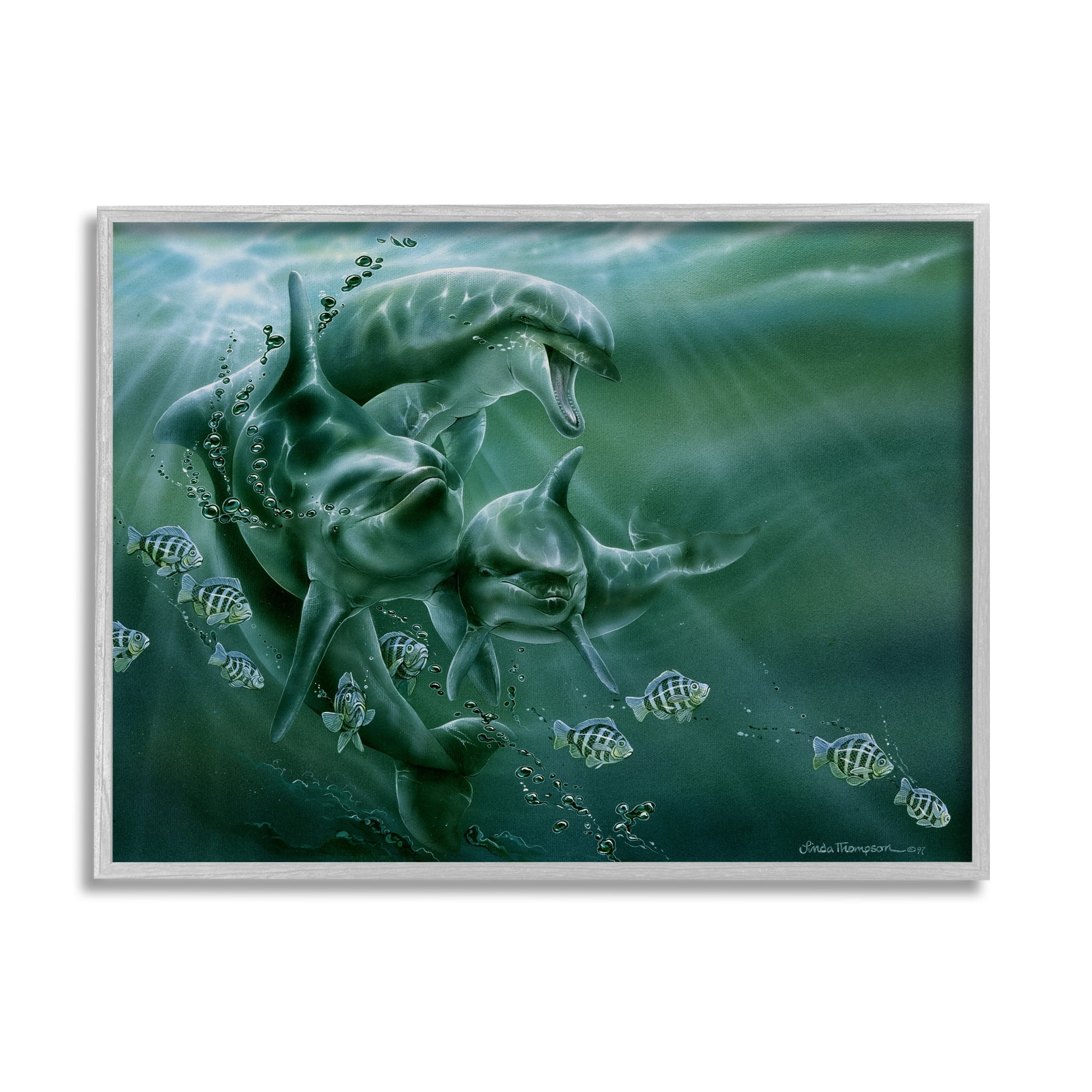 Stupell Industries Underwater Dolphins and Fish Coastal Painting Gray Framed Art Print Wall Art