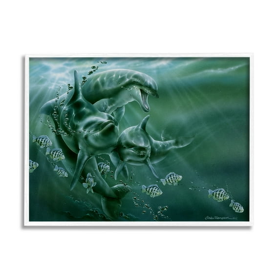 Stupell Industries Underwater Dolphins and Fish Coastal Painting White Framed Art Print Wall Art