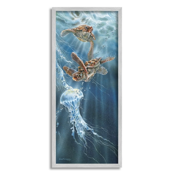 Stupell Industries Underwater Jellyfish & Turtles Coastal Painting Gray Framed Art Print Wall Art