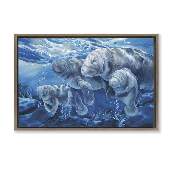 Stupell Industries Underwater Manatee Family Animals Painting Brown Floater Framed Canvas Art Print Wall Art, 25 x 17
