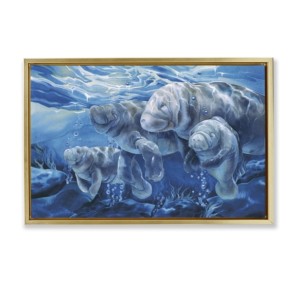 Stupell Industries Underwater Manatee Family Animals Painting Gold Floater Framed Canvas Art Print Wall Art, 25 x 17