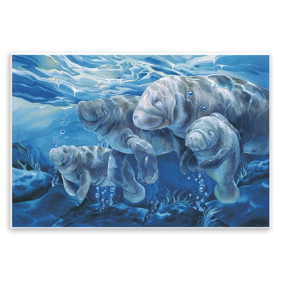 Stupell Industries Underwater Manatee Family Animals Painting Unframed Art Print Wall Art, 19 x 13