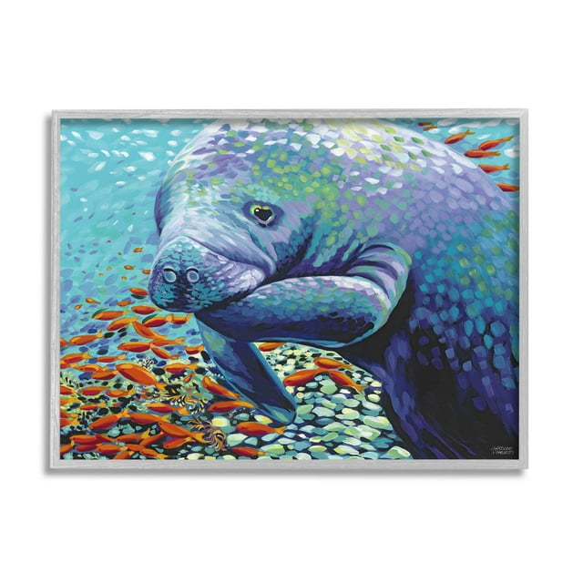 Stupell Industries Underwater Manatee Impressionist Painting Gray Framed Art Print Wall Art, Design by Carolee Vitaletti