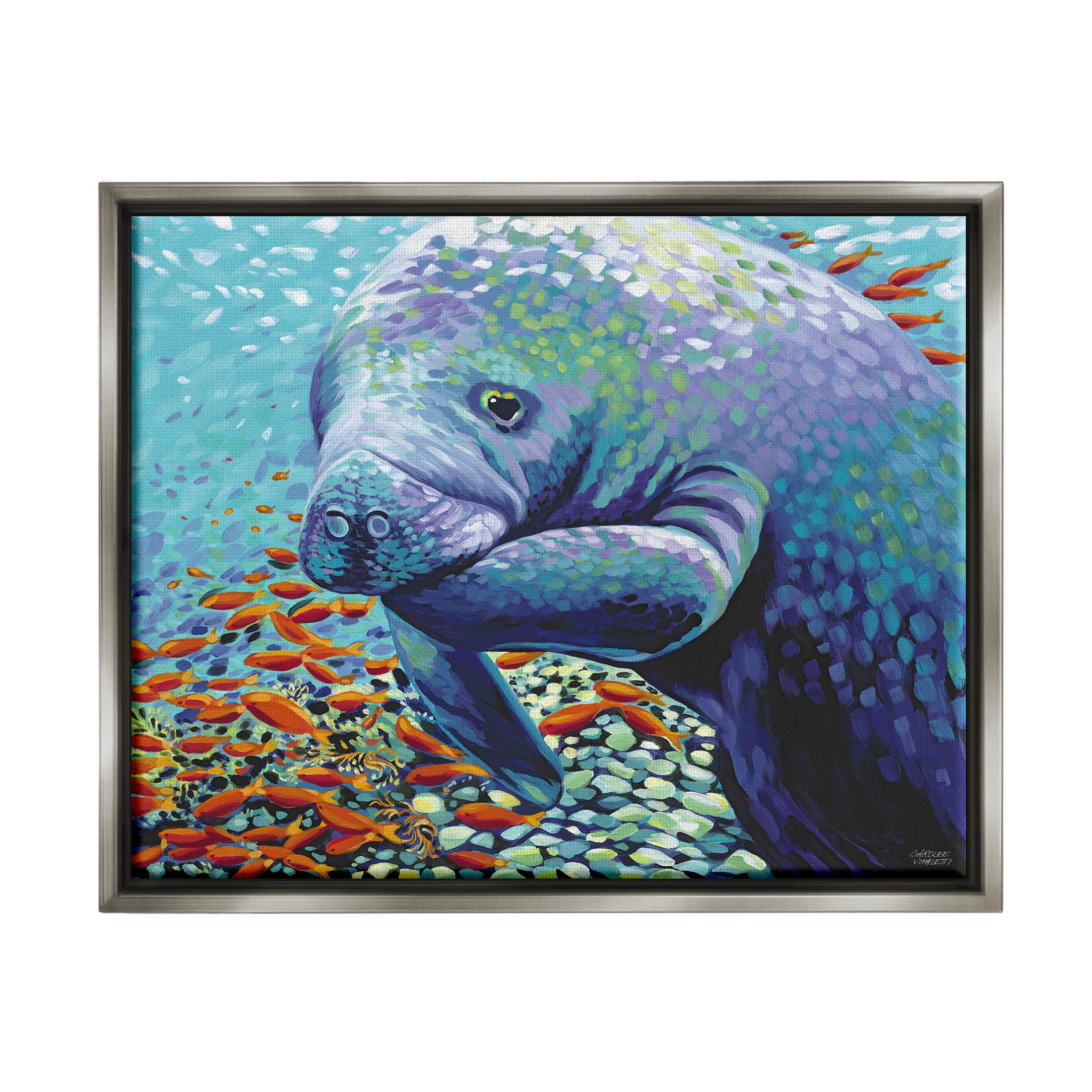 Stupell Industries Underwater Manatee Impressionist Painting Luster Gray Floating Framed Canvas Print Wall Art, Design by Carolee Vitaletti