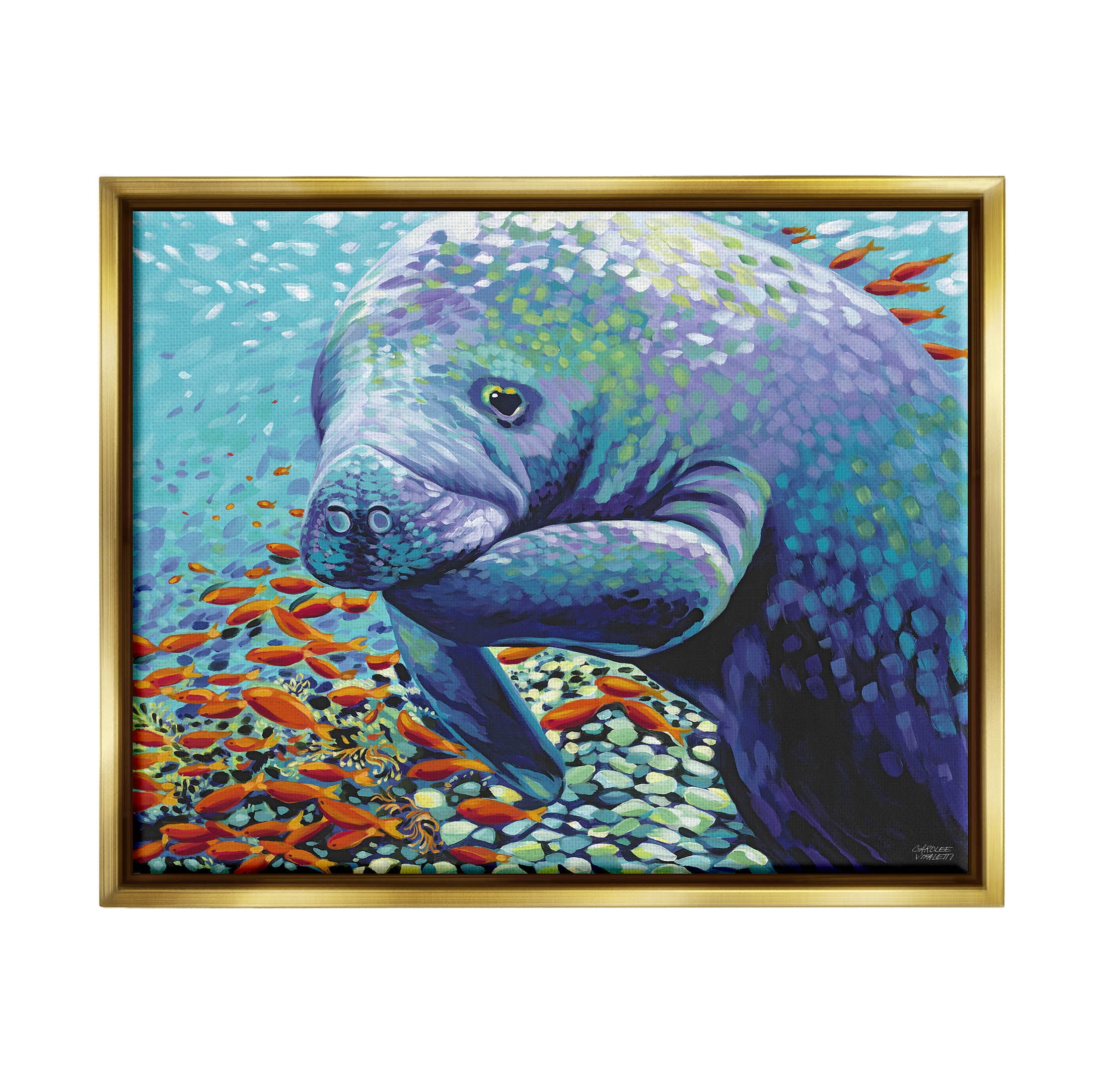 Stupell Industries Underwater Manatee Impressionist Painting Metallic Gold Floating Framed Canvas Print Wall Art, Design by Carolee Vitaletti