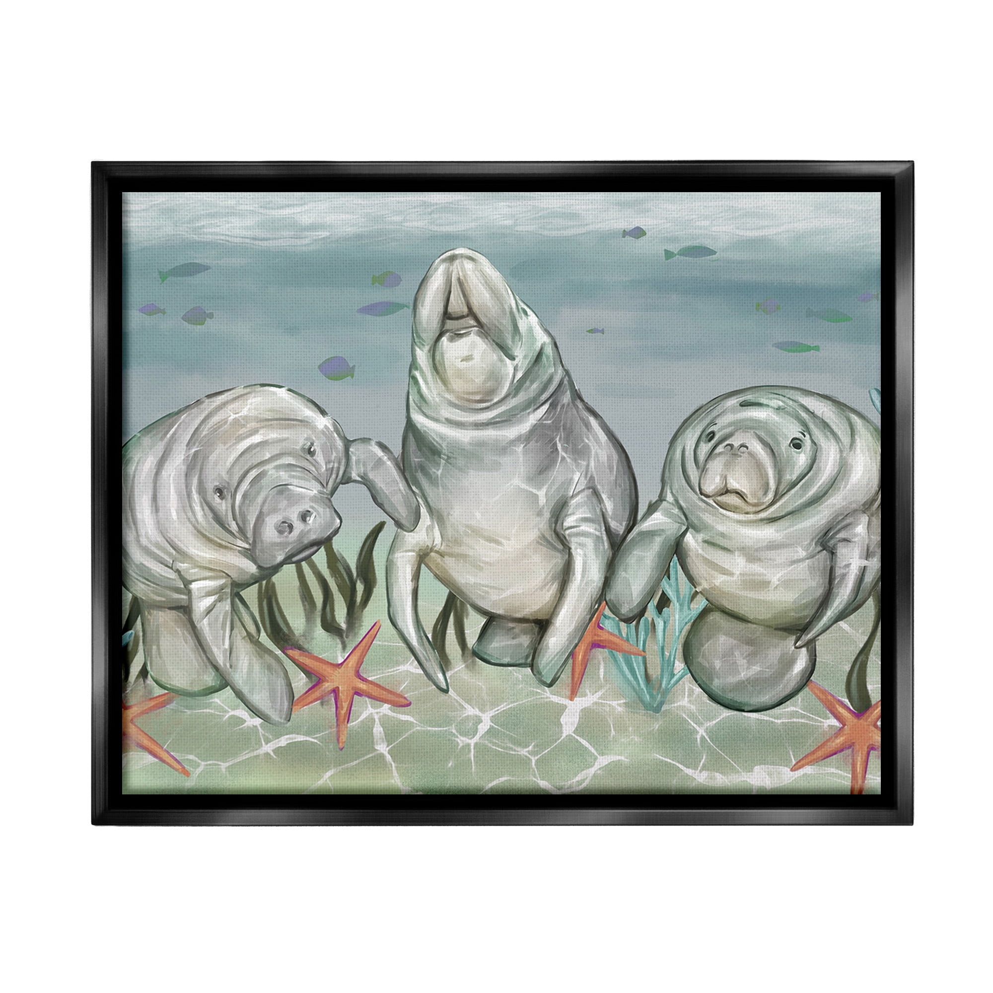 Stupell Industries Underwater Manatees & Starfish Animals & Insects Painting Black Floater Framed Canvas Art Print Wall Art, 21 x 17