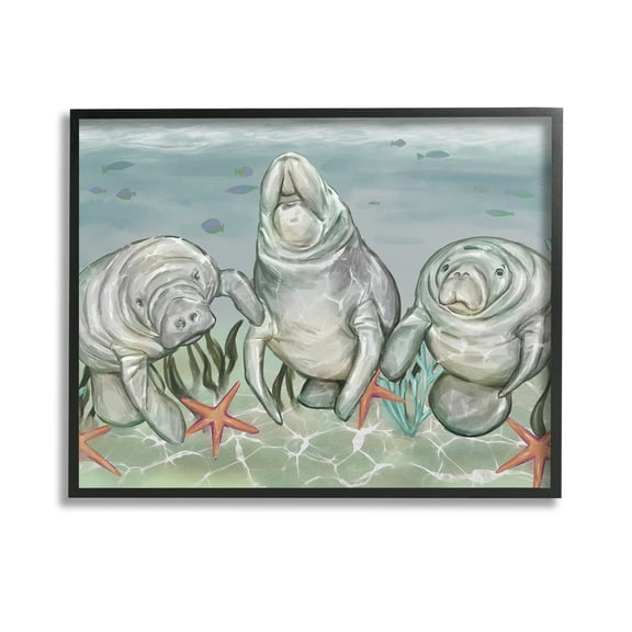 Stupell Industries Underwater Manatees & Starfish Animals & Insects Painting Black Framed Art Print Wall Art, 14 x 11