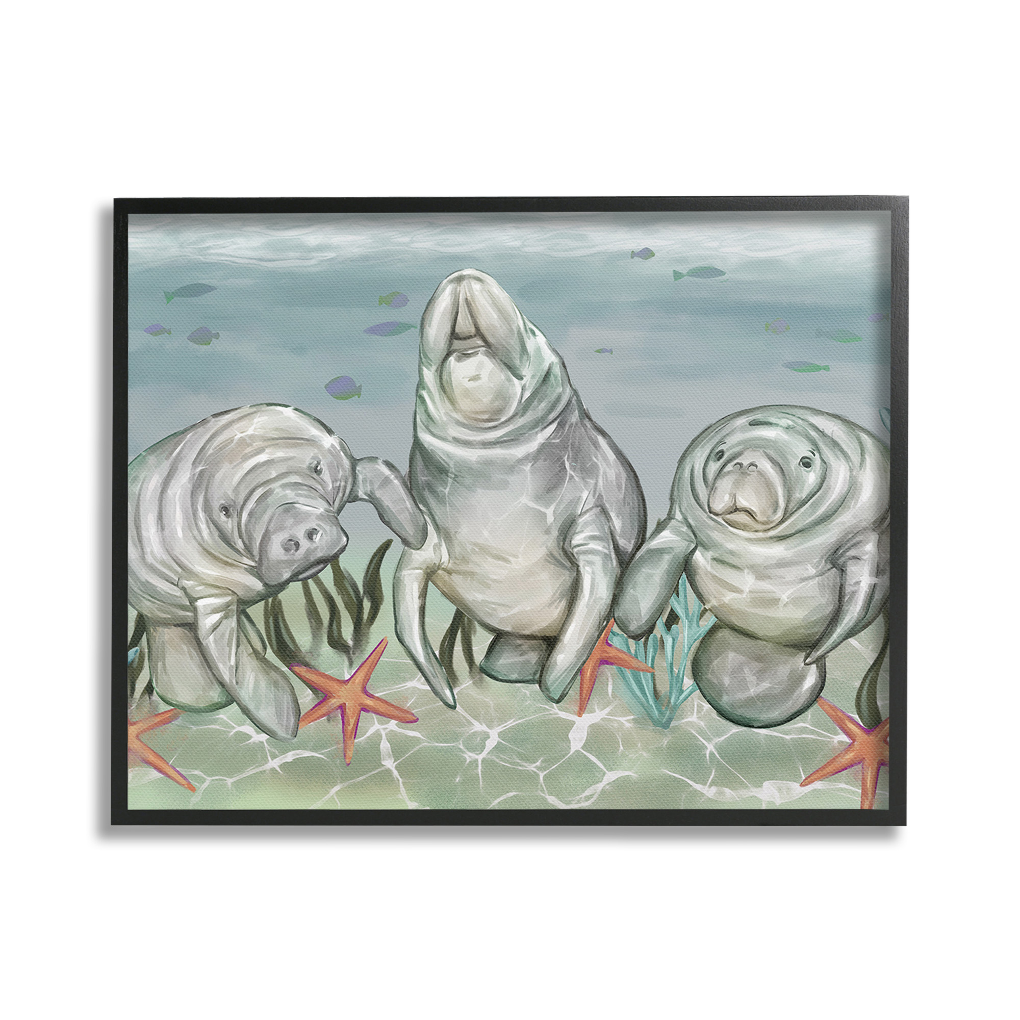 Stupell Industries Underwater Manatees & Starfish Animals & Insects Painting Black Framed Art Print Wall Art, 20 x 16