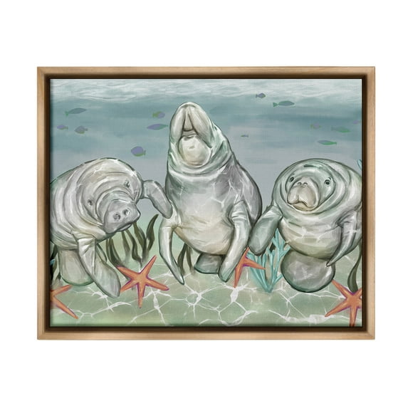Stupell Industries Underwater Manatees & Starfish Animals & Insects Painting Brown Floater Framed Canvas Art Print Wall Art, 31 x 25
