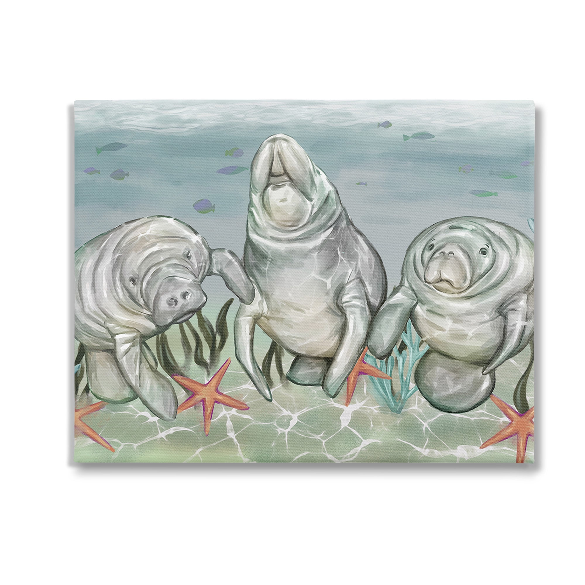 Stupell Industries Underwater Manatees & Starfish Animals & Insects Painting Gallery Wrapped Canvas Art Print Wall Art, 30 x 24