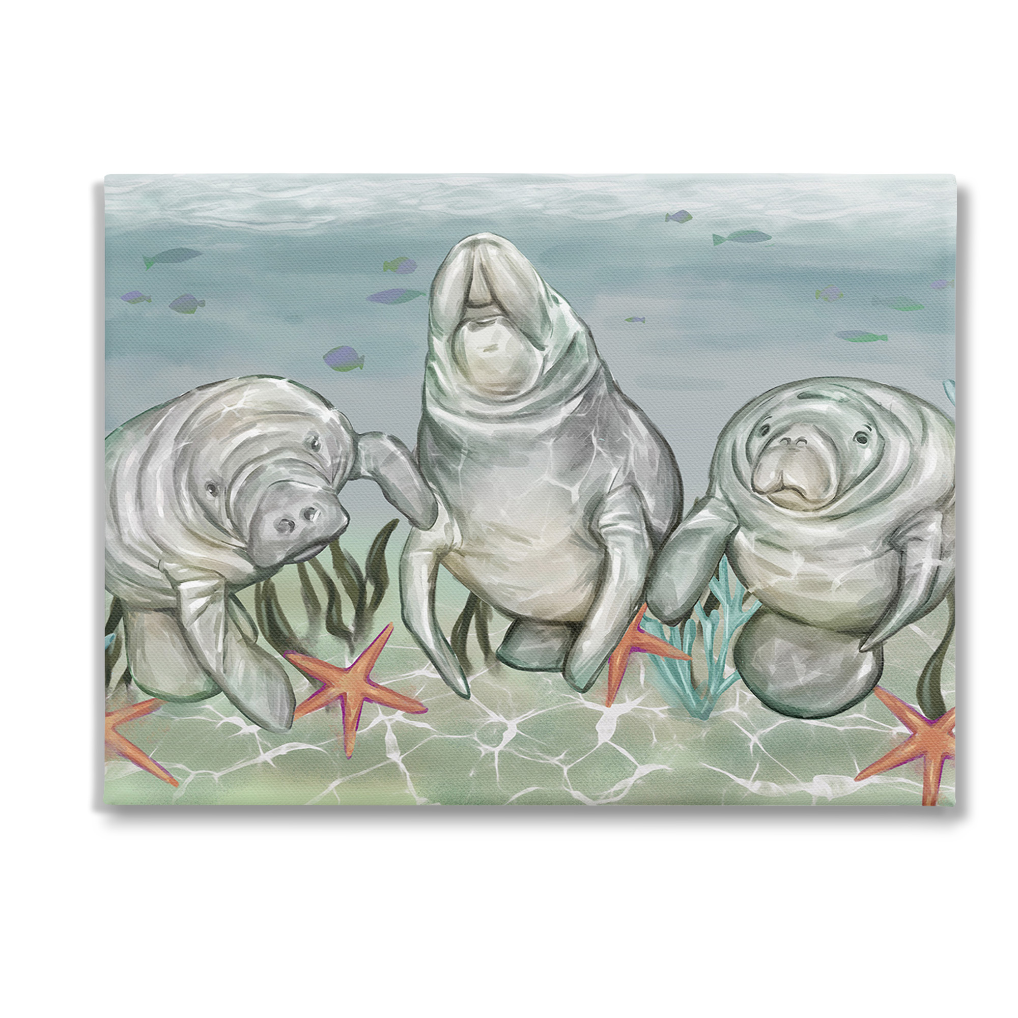 Stupell Industries Underwater Manatees & Starfish Animals & Insects Painting Gallery Wrapped Canvas Art Print Wall Art, 40 x 30