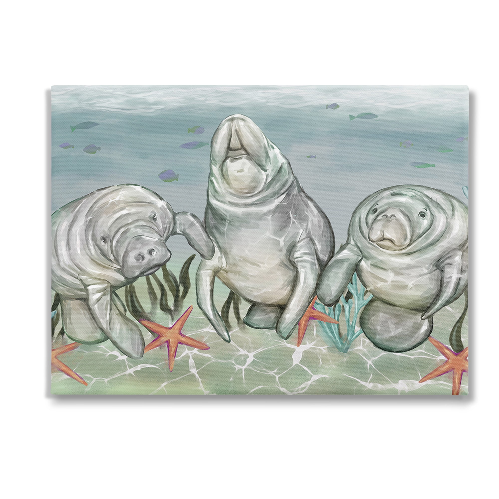 Stupell Industries Underwater Manatees & Starfish Animals & Insects Painting Gallery Wrapped Canvas Art Print Wall Art, 48 x 36