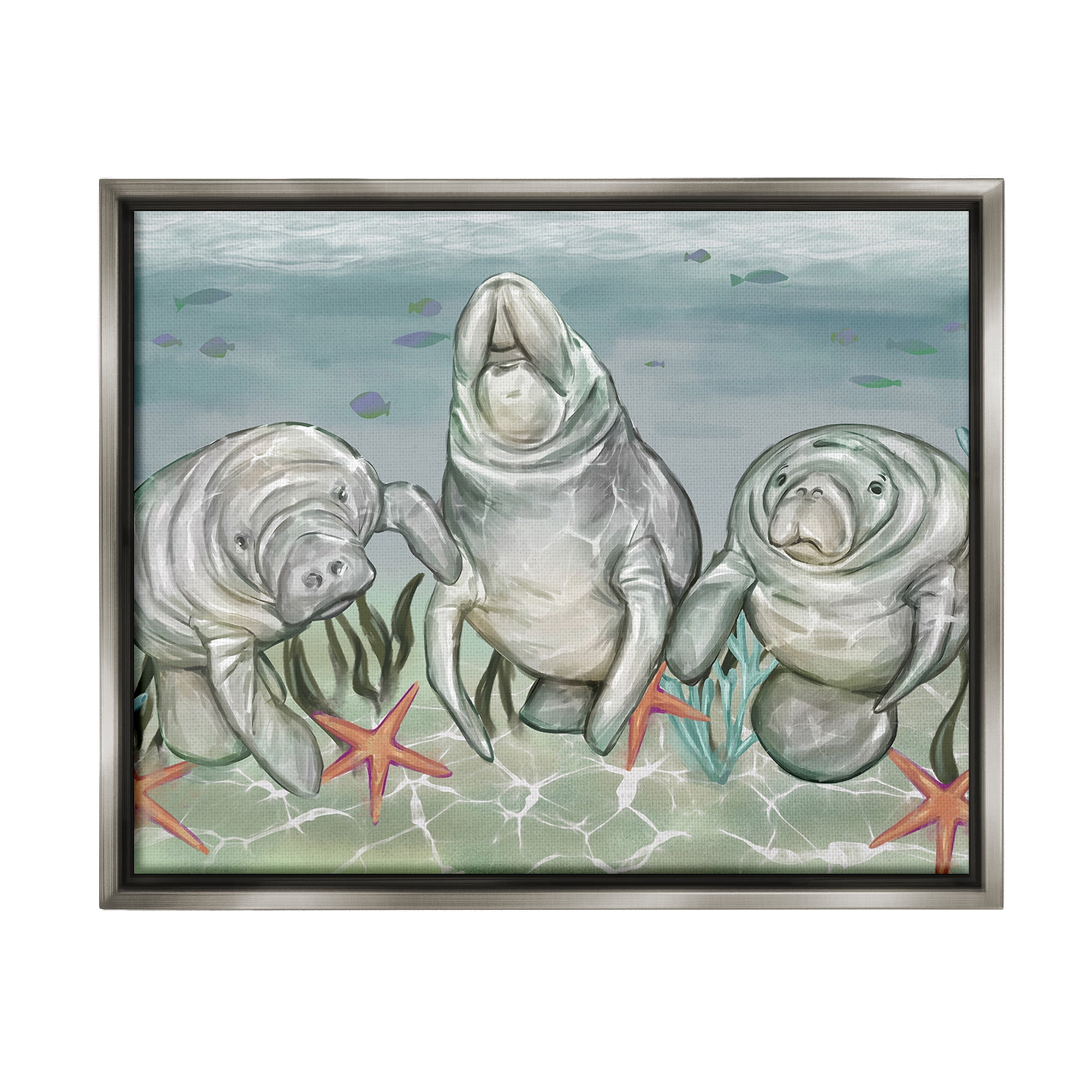 Stupell Industries Underwater Manatees & Starfish Animals & Insects Painting Gray Floater Framed Canvas Art Print Wall Art, 31 x 25
