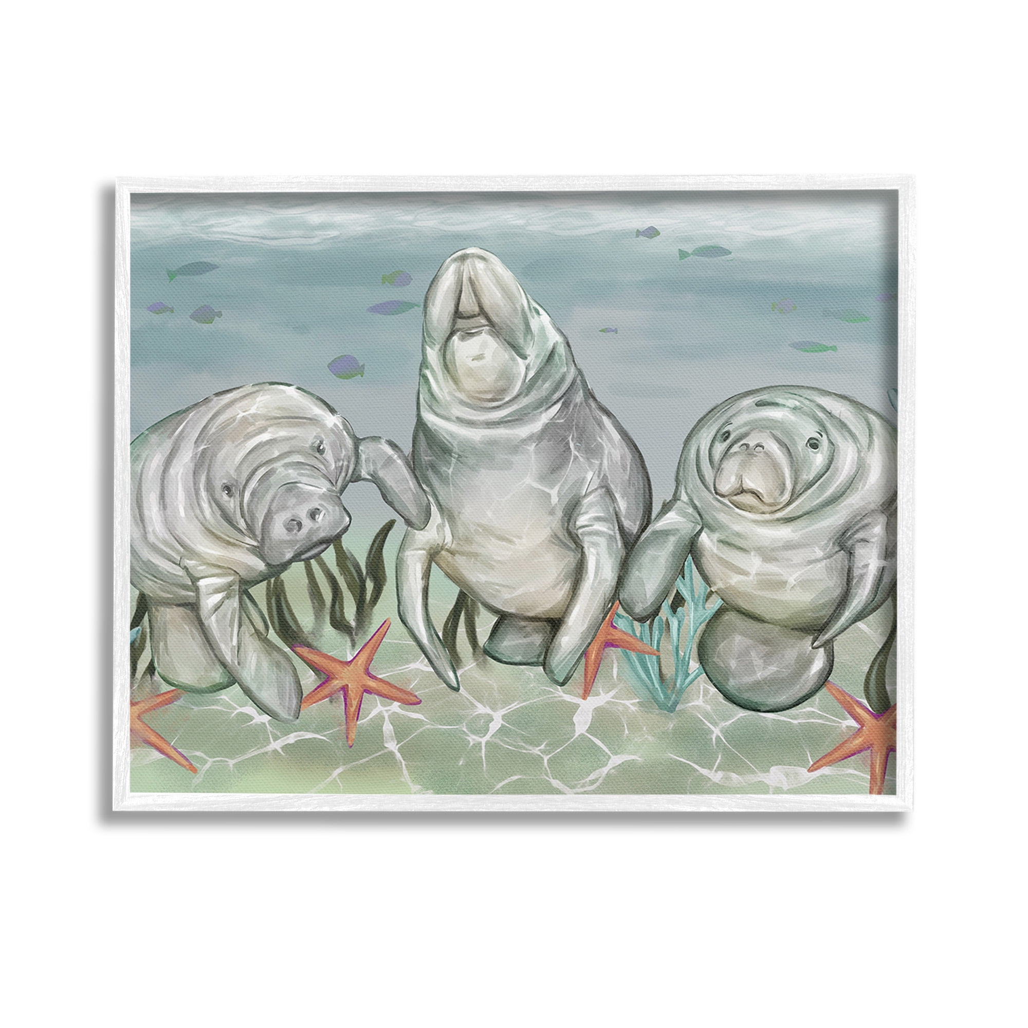 Stupell Industries Underwater Manatees & Starfish Animals & Insects Painting White Framed Art Print Wall Art, 14 x 11