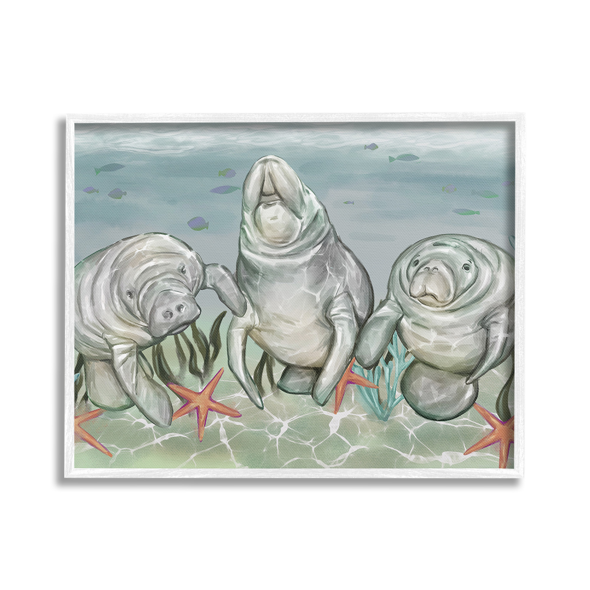 Stupell Industries Underwater Manatees & Starfish Animals & Insects Painting White Framed Art Print Wall Art, 30 x 24