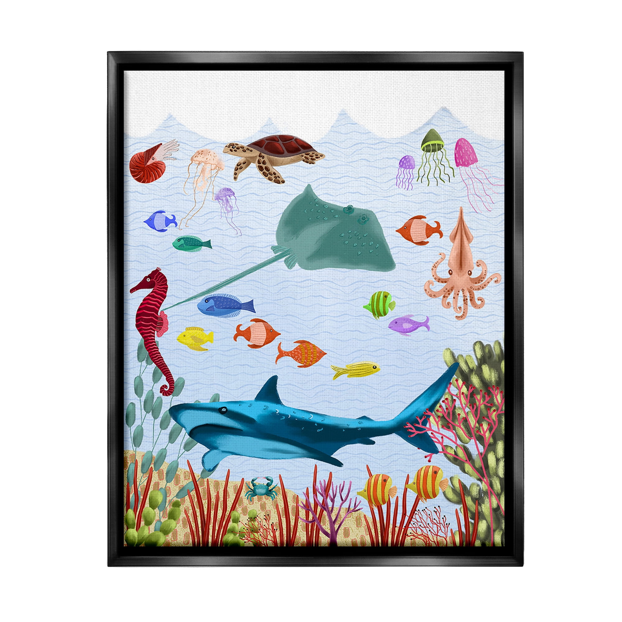 Stupell Industries Underwater Marine Life Animals & Insects Painting Black Floater Framed Canvas Art Print Wall Art, 17 x 21