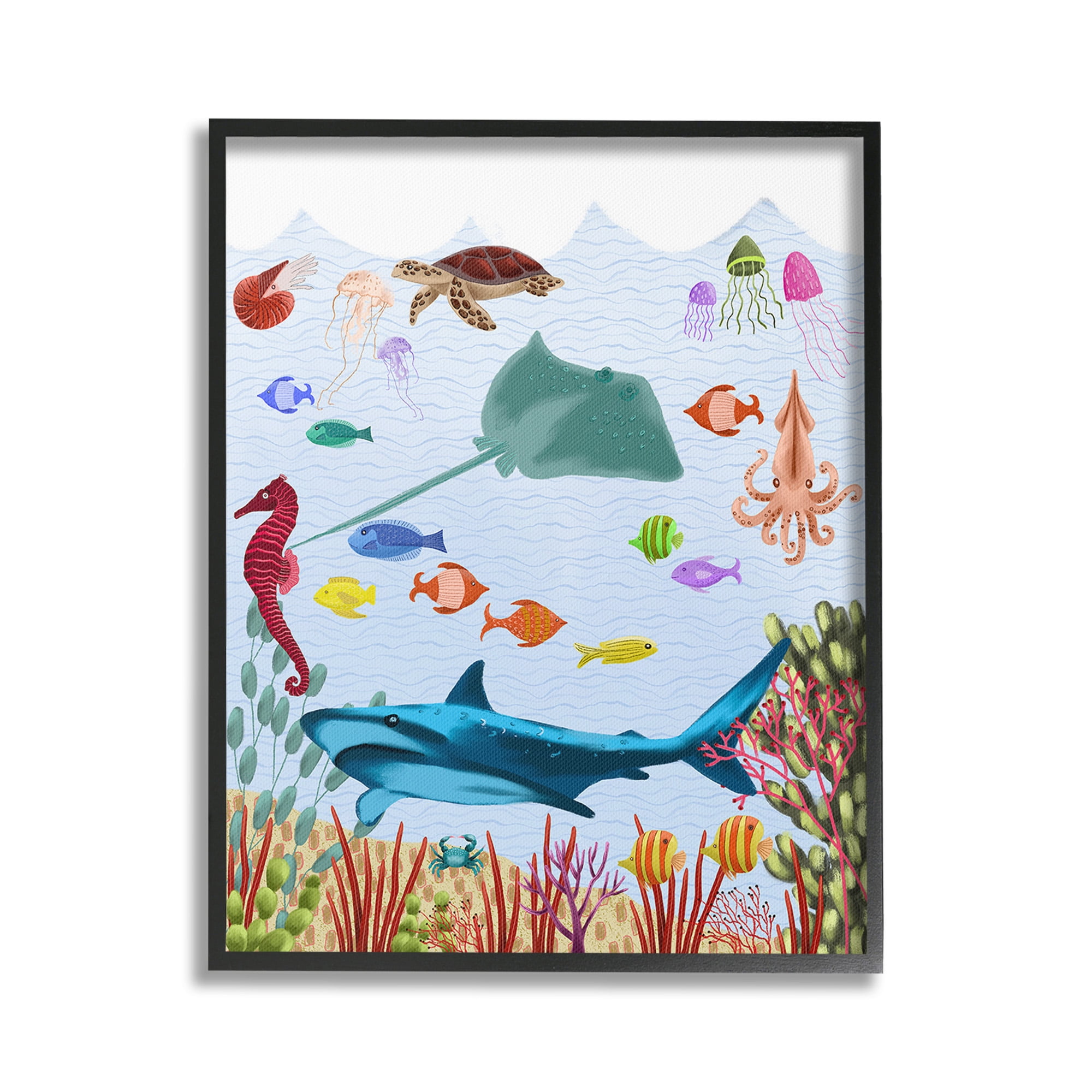 Stupell Industries Underwater Marine Life Animals & Insects Painting Black Framed Art Print Wall Art, 24 x 30