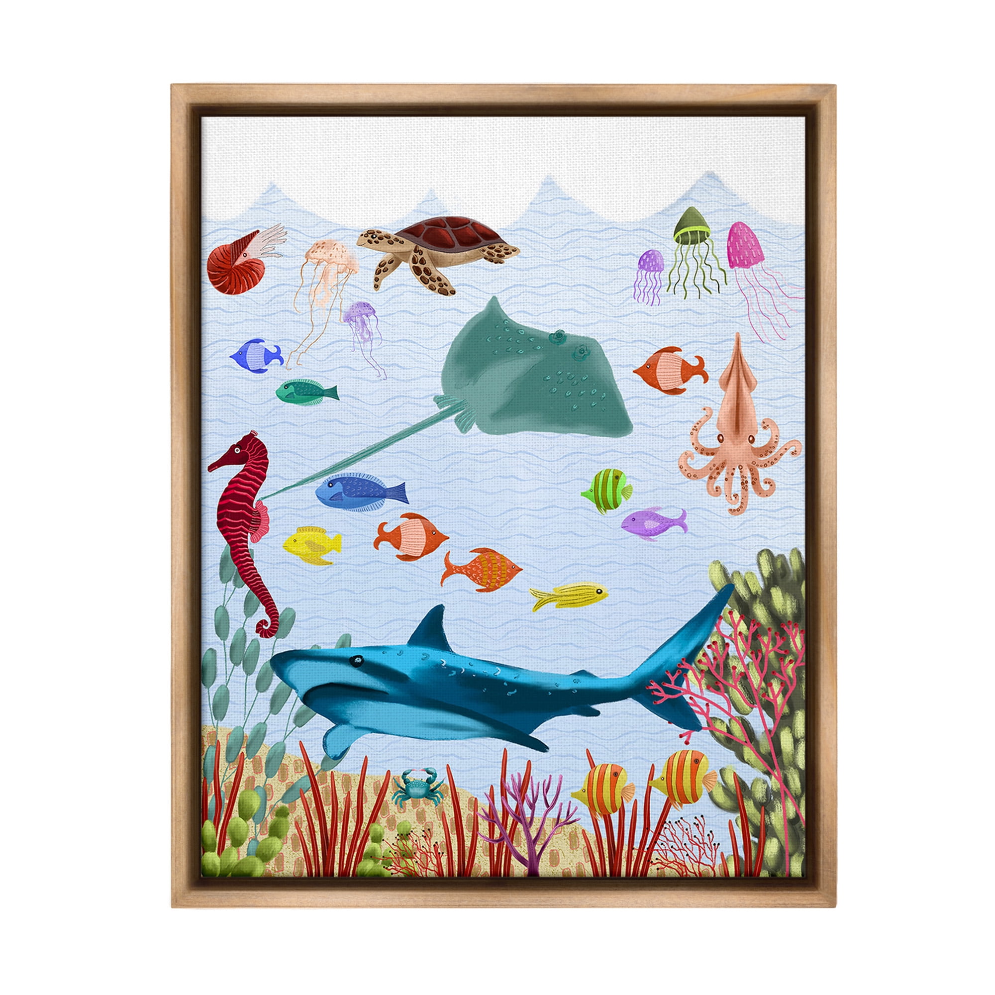 Stupell Industries Underwater Marine Life Animals & Insects Painting Brown Floater Framed Canvas Art Print Wall Art, 25 x 31