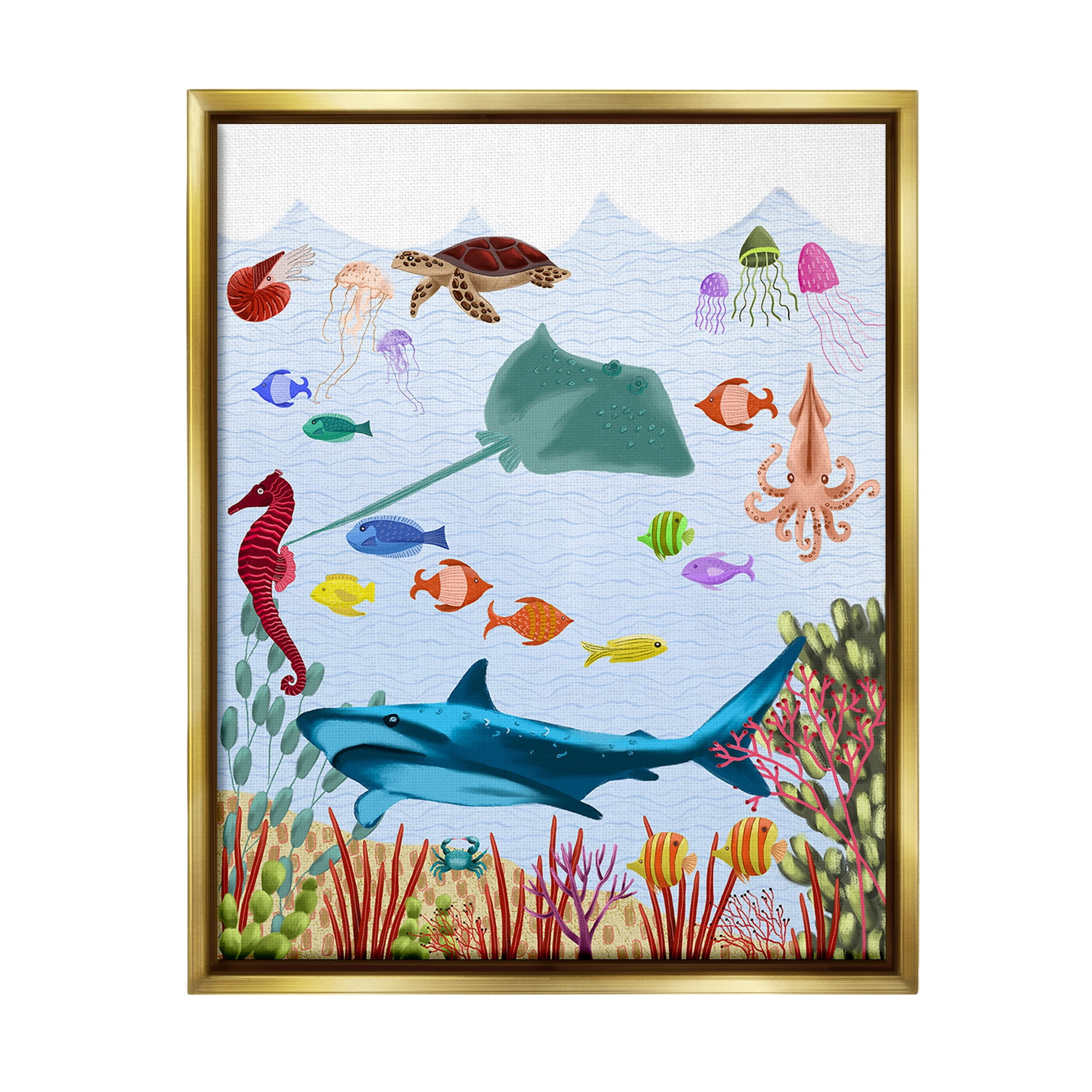Stupell Industries Underwater Marine Life Animals & Insects Painting Gold Floater Framed Canvas Art Print Wall Art, 25 x 31