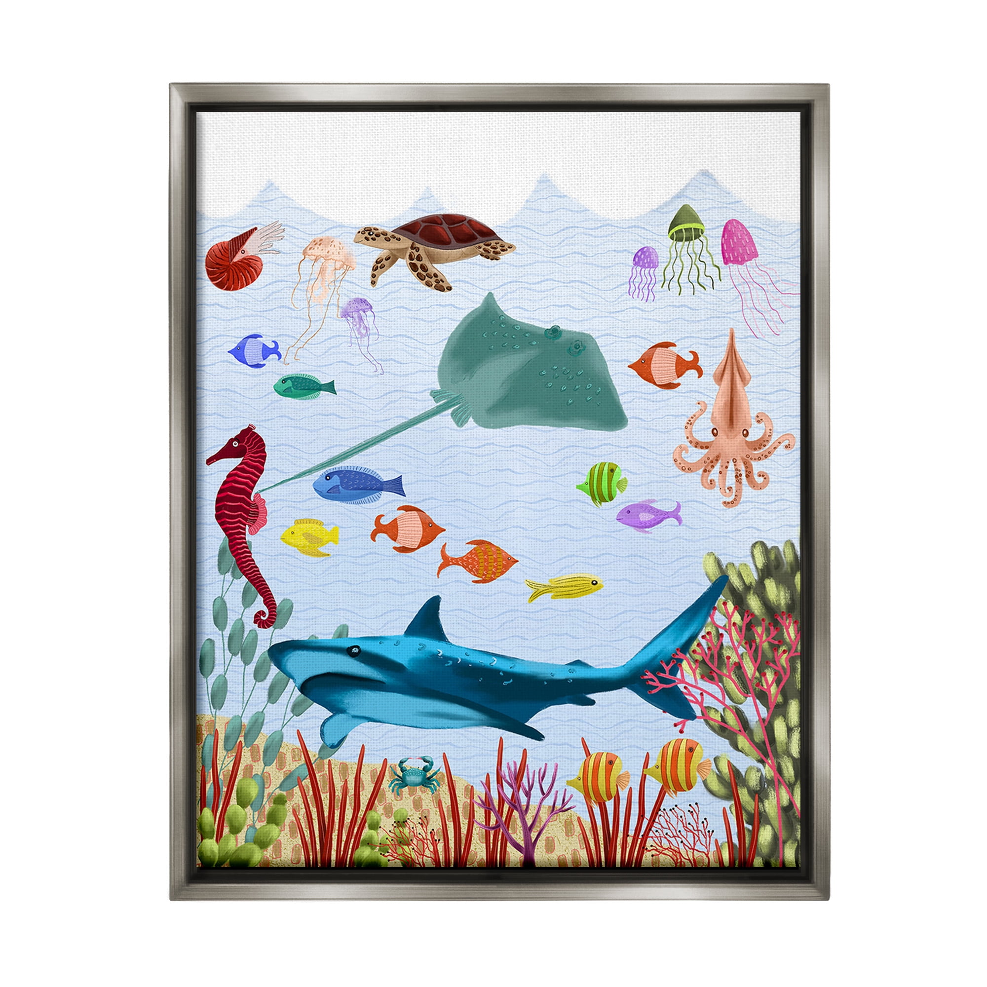 Stupell Industries Underwater Marine Life Animals & Insects Painting Gray Floater Framed Canvas Art Print Wall Art, 17 x 21