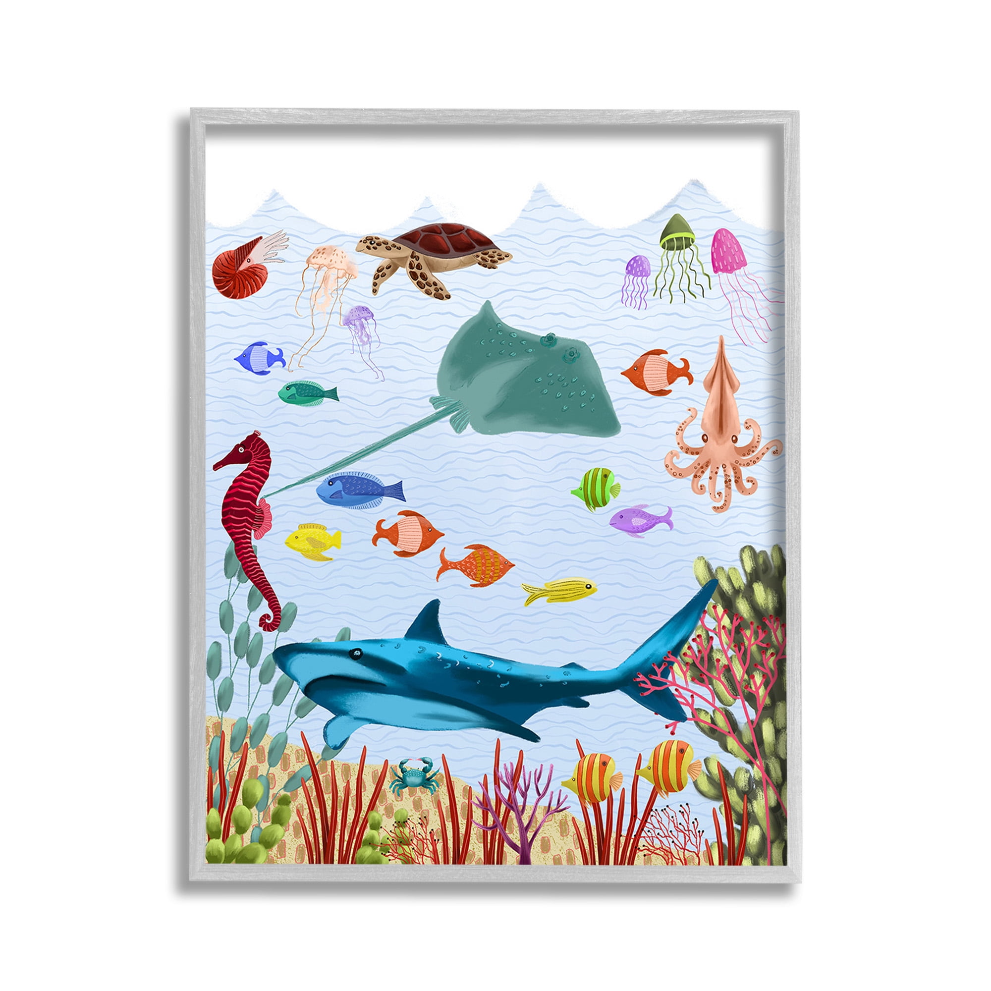 Stupell Industries Underwater Marine Life Animals & Insects Painting Gray Framed Art Print Wall Art, 11 x 14