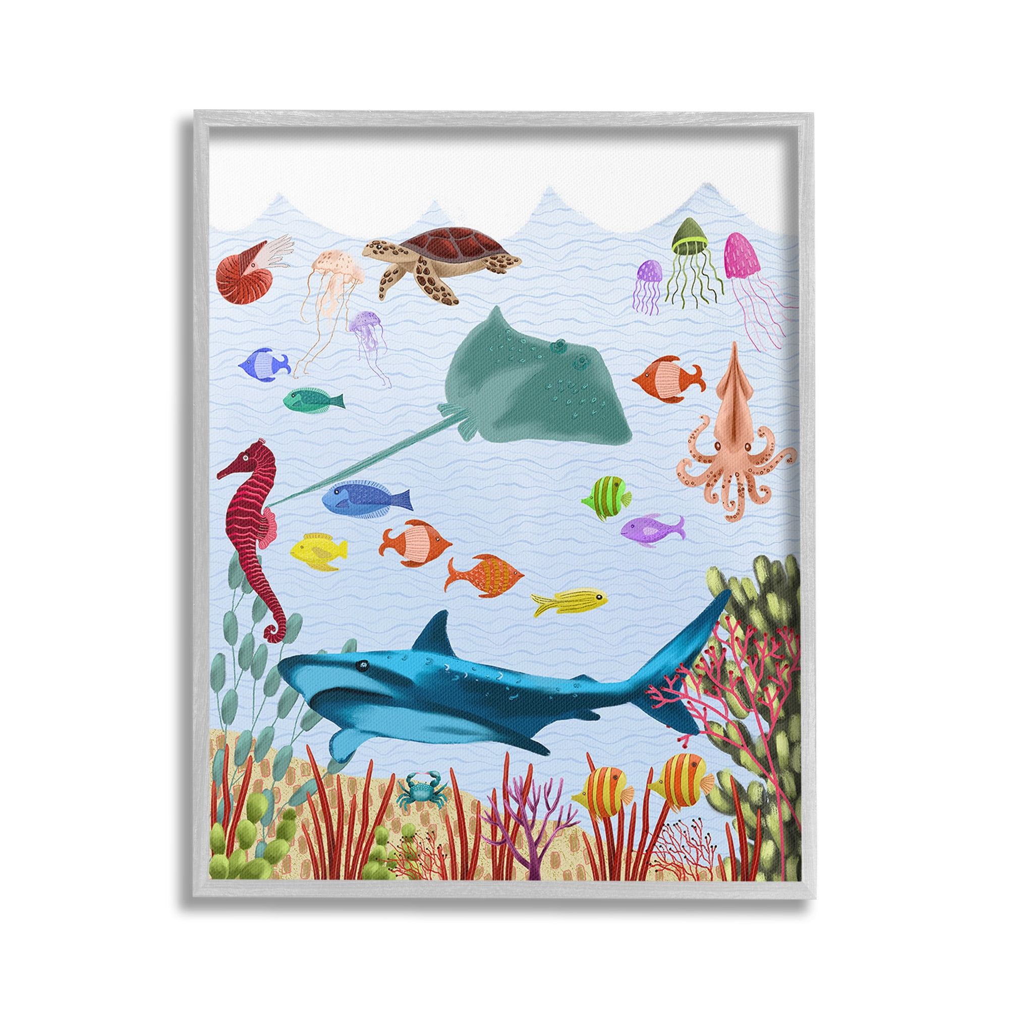Stupell Industries Underwater Marine Life Animals & Insects Painting Gray Framed Art Print Wall Art, 16 x 20