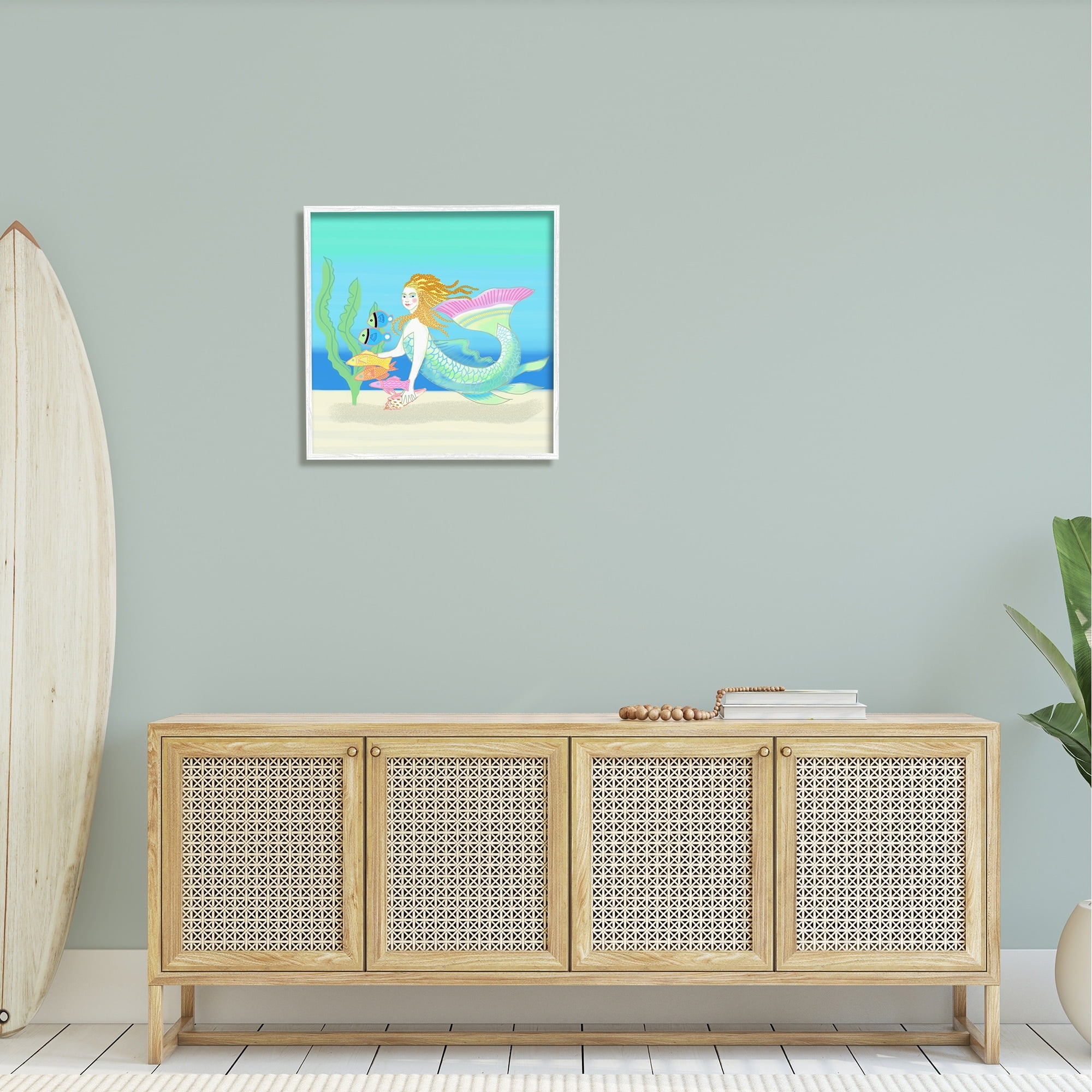 Stupell Industries Underwater Mermaid & Fish Swimming Ocean Seaweed Graphic Art White Framed Art Print Wall Art, Design by unknown