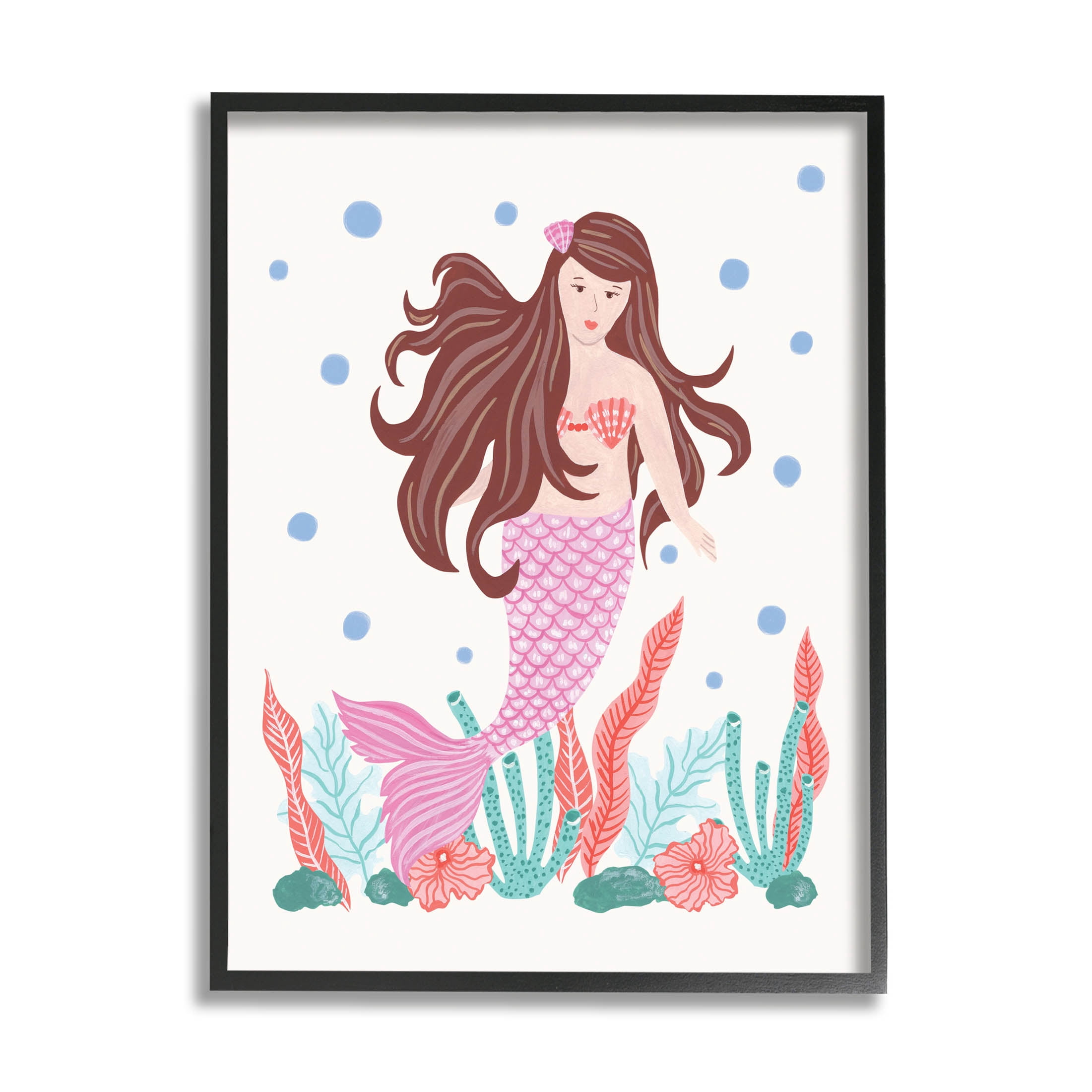 Stupell Industries Underwater Scene Mermaid Bubbles Graphic Art Black Framed Art Print Wall Art, Design by Aralma