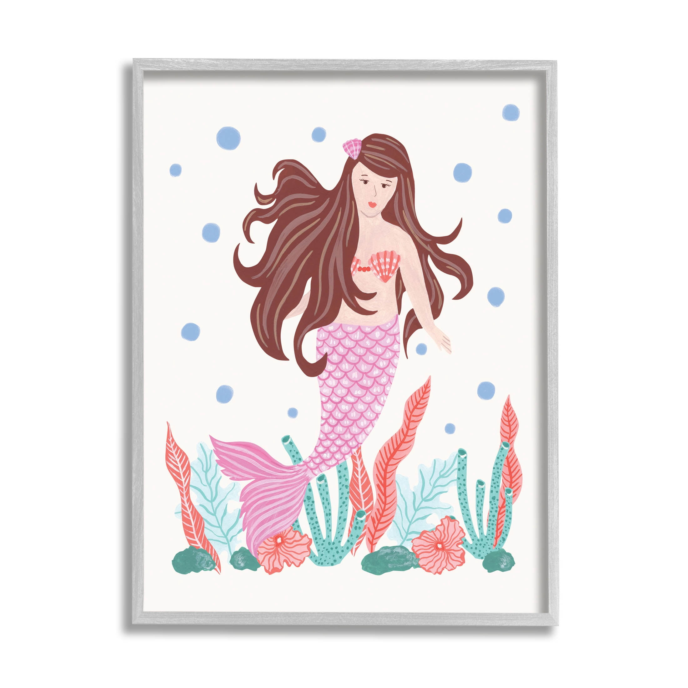 Stupell Industries Underwater Scene Mermaid Bubbles Graphic Art Gray Framed Art Print Wall Art, Design by Aralma