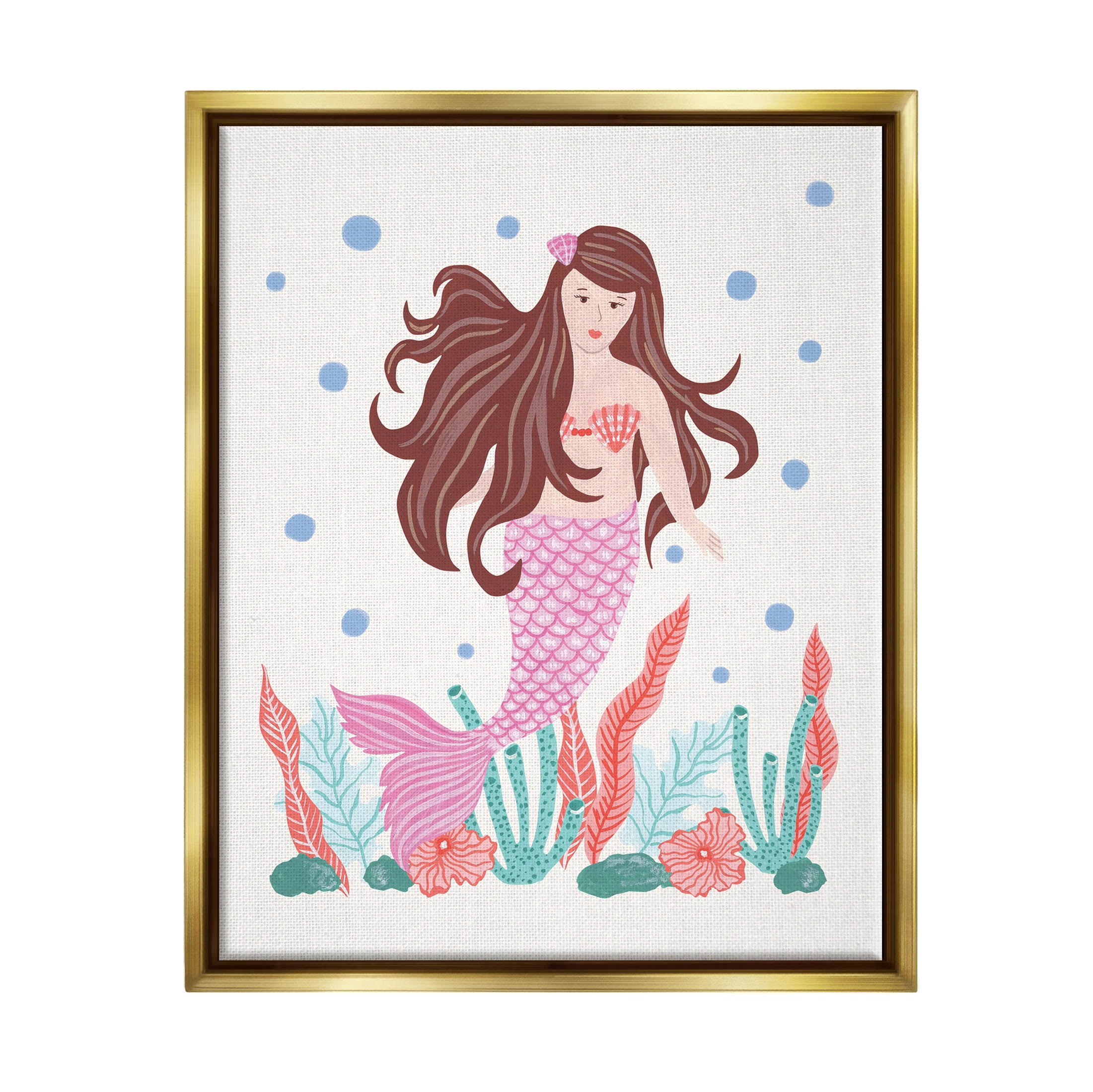 Stupell Industries Underwater Scene Mermaid Bubbles Graphic Art Metallic Gold Floating Framed Canvas Print Wall Art, Design by Aralma