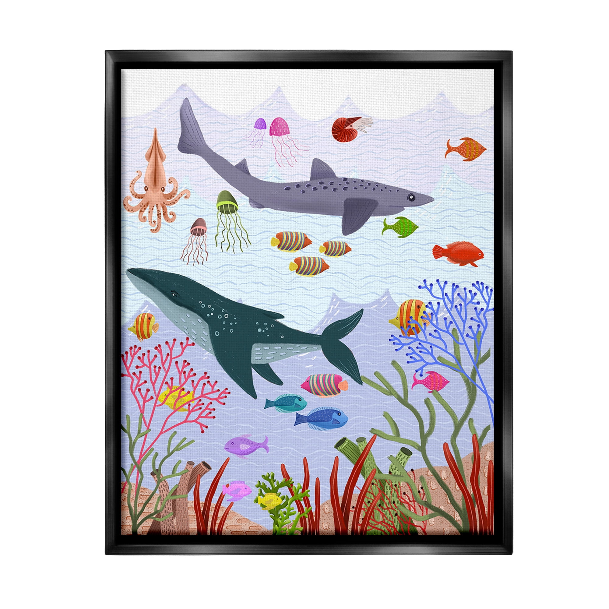 Stupell Industries Underwater Sea Animals Animals & Insects Painting Black Floater Framed Canvas Art Print Wall Art, 17 x 21