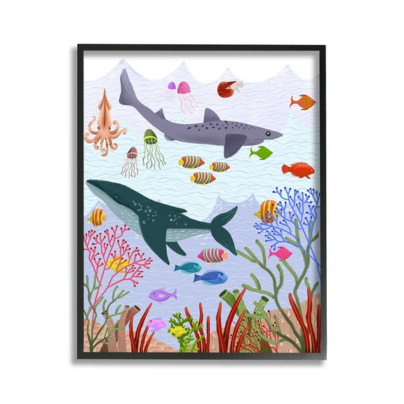 Stupell Industries Underwater Sea Animals Animals & Insects Painting Black Framed Art Print Wall Art, 11 x 14
