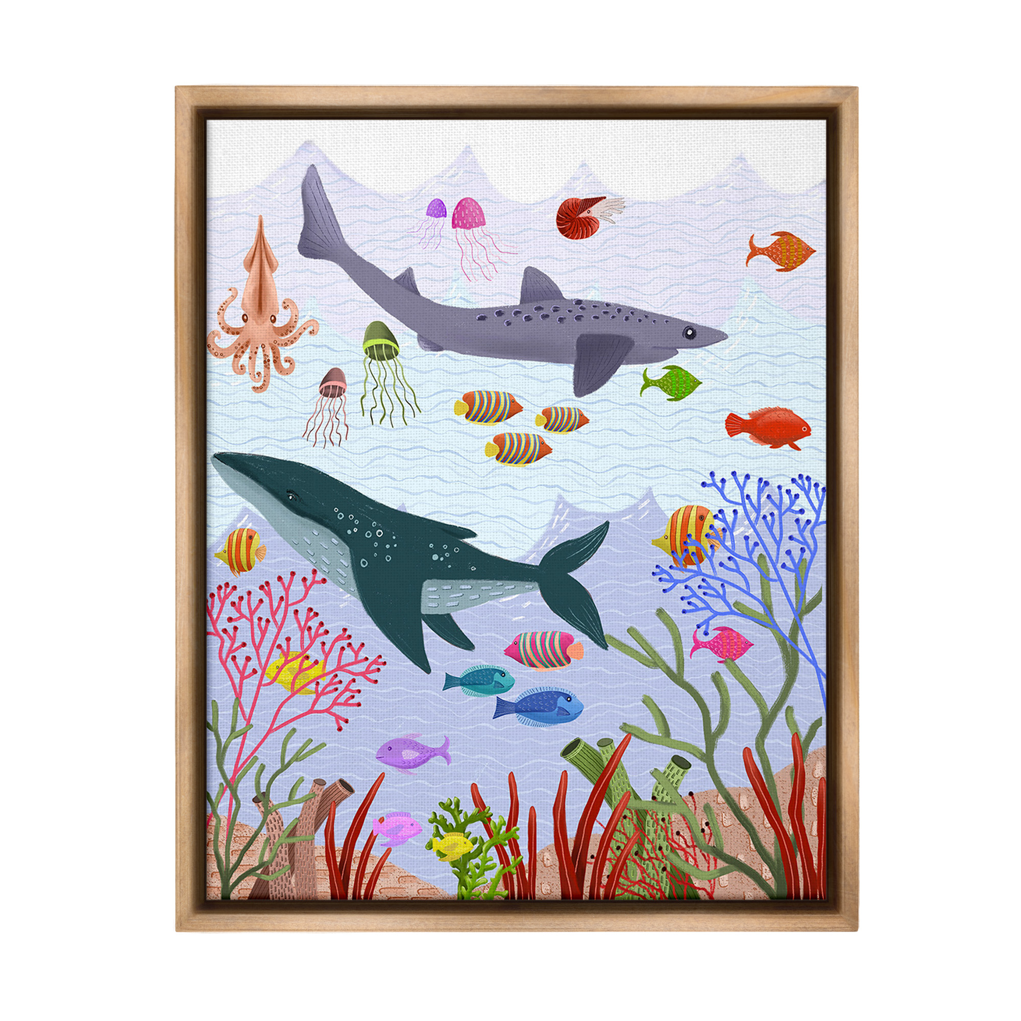 Stupell Industries Underwater Sea Animals Animals & Insects Painting Brown Floater Framed Canvas Art Print Wall Art, 25 x 31