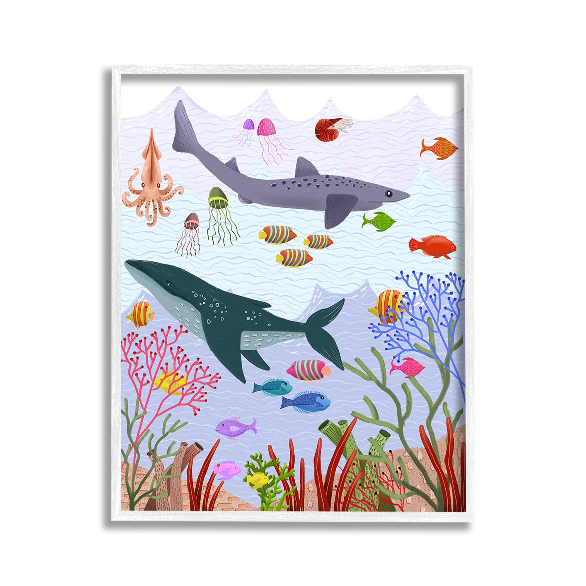 Stupell Industries Underwater Sea Animals Animals & Insects Painting White Framed Art Print Wall Art, 11 x 14