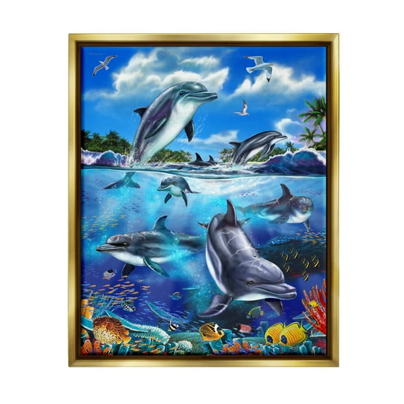 Stupell Industries Underwater Sea Life Scene Coastal Painting Gold Floater Framed Art Print Wall Art