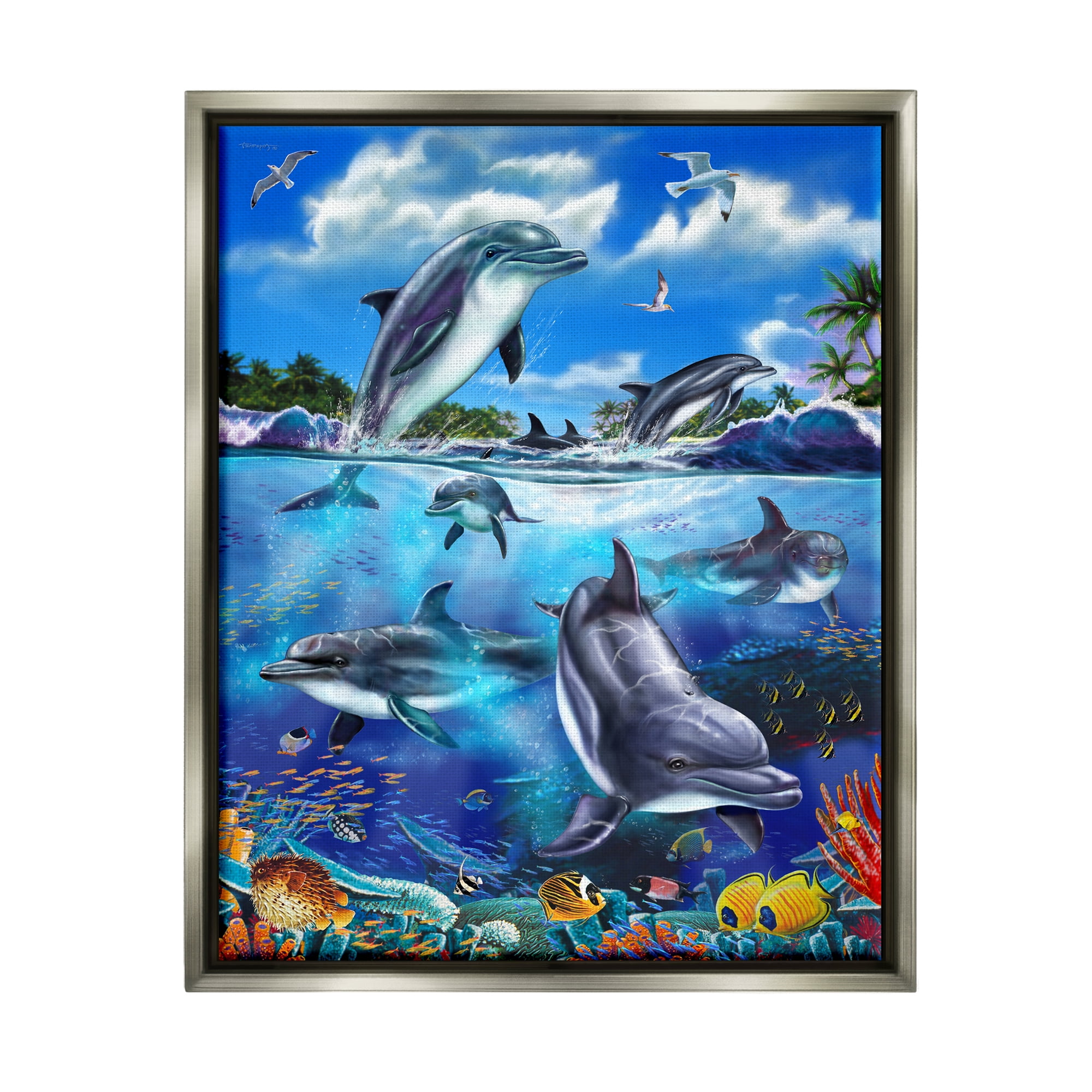 Stupell Industries Underwater Sea Life Scene Coastal Painting Gray Floater Framed Art Print Wall Art