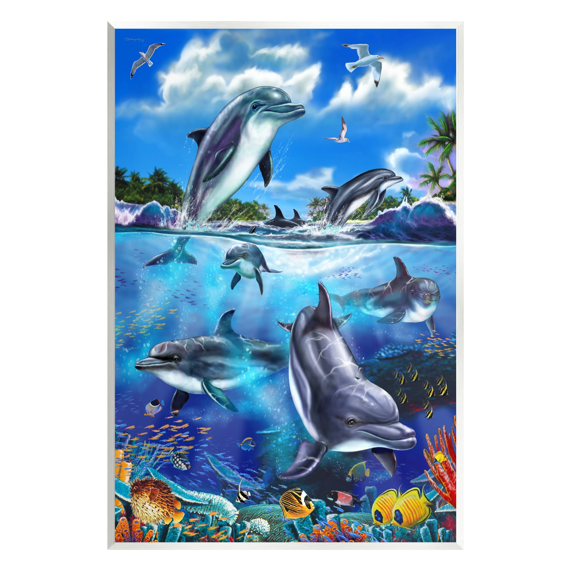 Underwater Sea Life Scene Coastal Wall Plaque Art in Blue and White