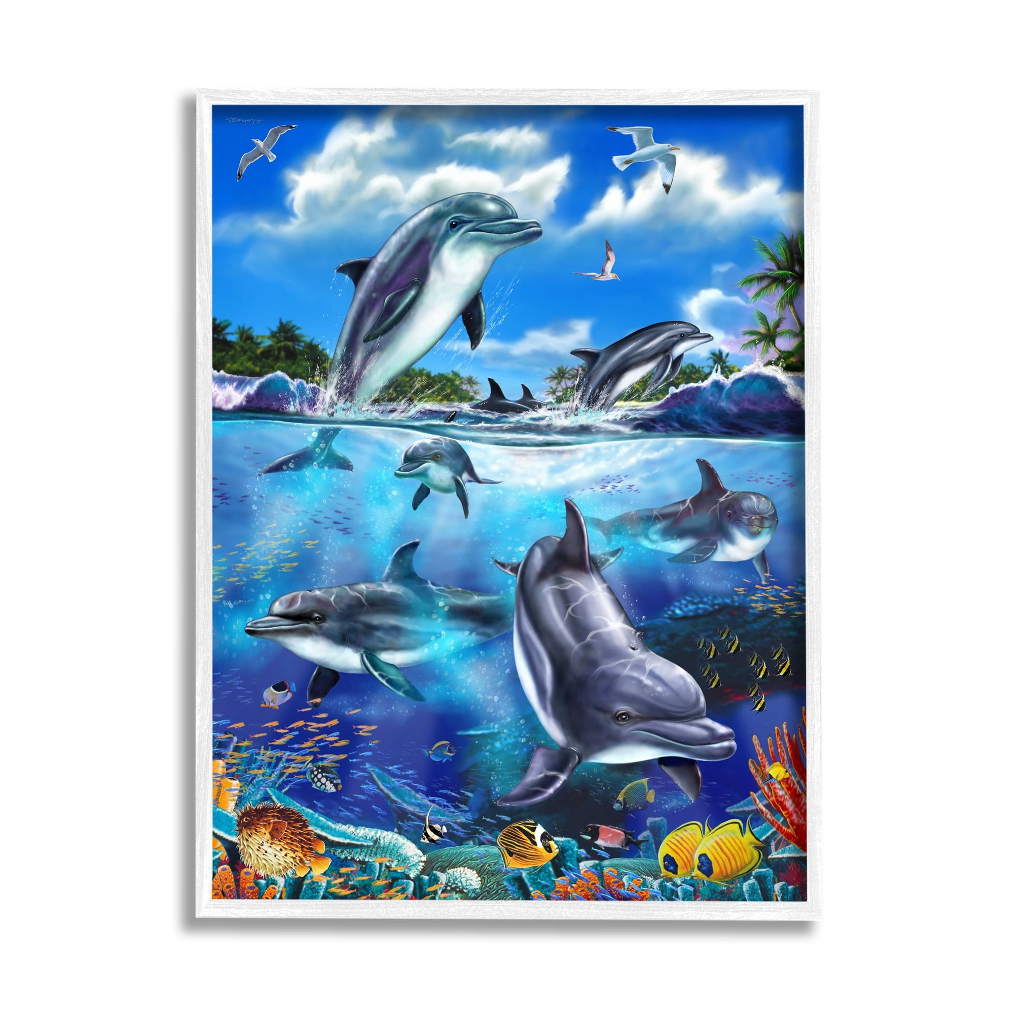 Stupell Industries Underwater Sea Life Scene Coastal Painting White Framed Art Print Wall Art