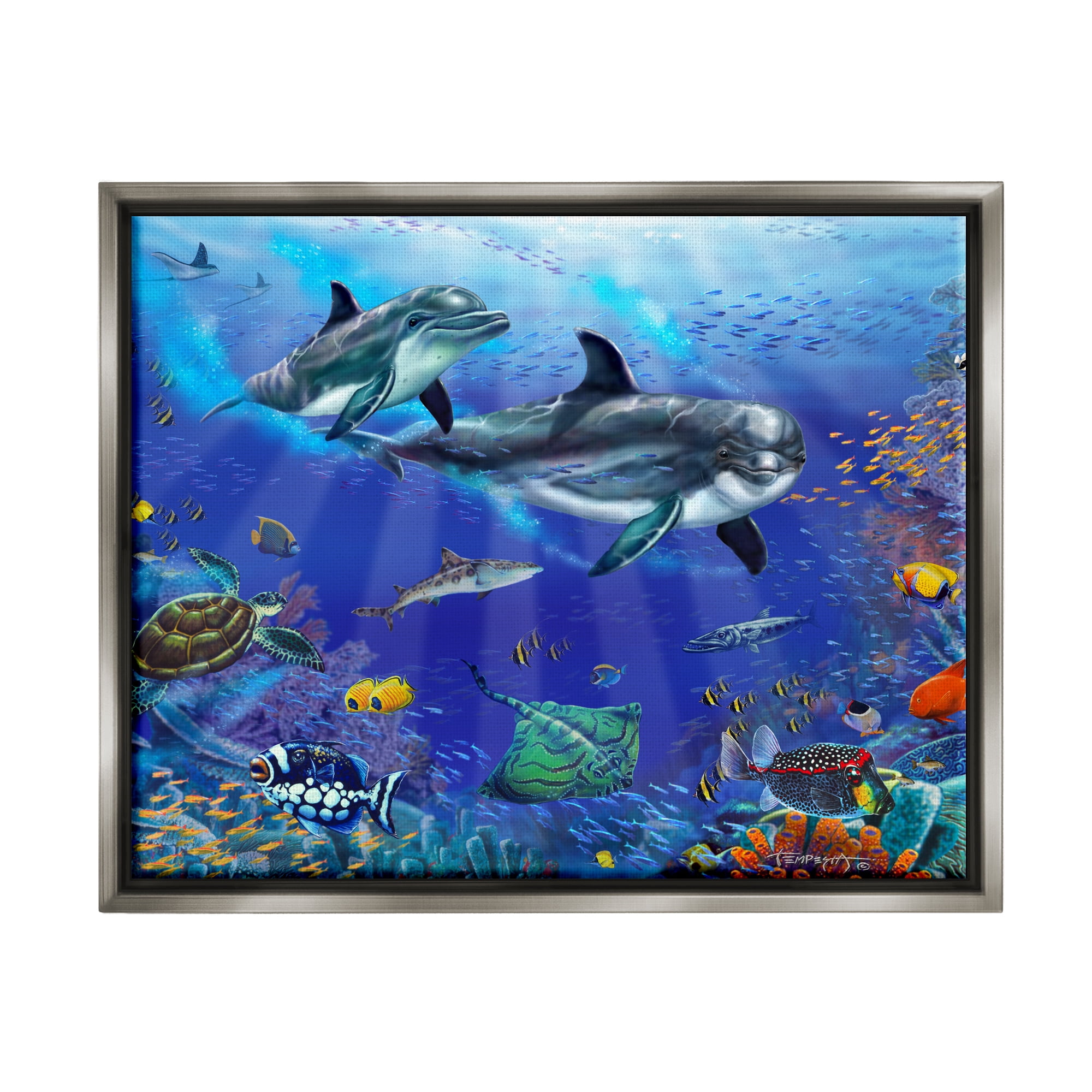 Stupell Industries Underwater Sea Life Scene Dolphins Coastal Painting Gray Floater Framed Art Print Wall Art
