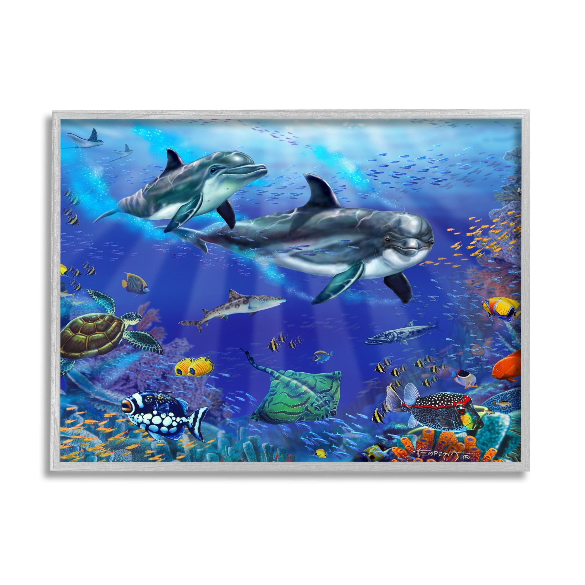 Stupell Industries Underwater Sea Life Scene Dolphins Coastal Painting Gray Framed Art Print Wall Art