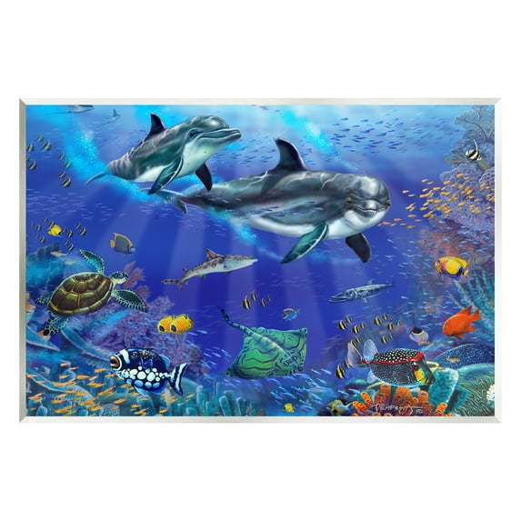 Stupell Industries Underwater Sea Life Scene Dolphins Coastal Painting Unframed Art Print Wall Art