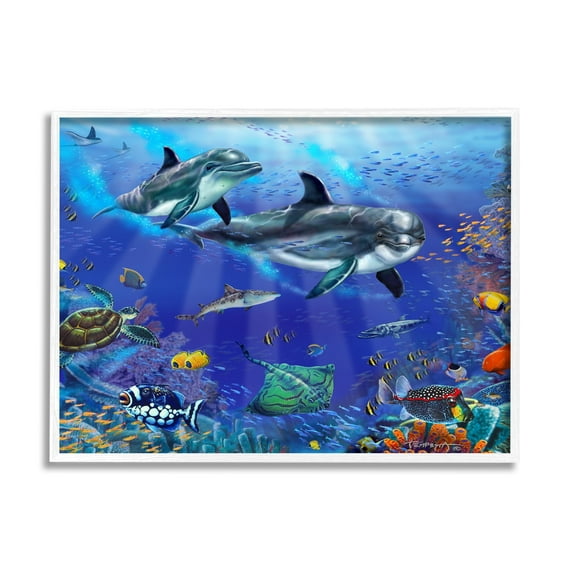 Stupell Industries Underwater Sea Life Scene Dolphins Coastal Painting White Framed Art Print Wall Art