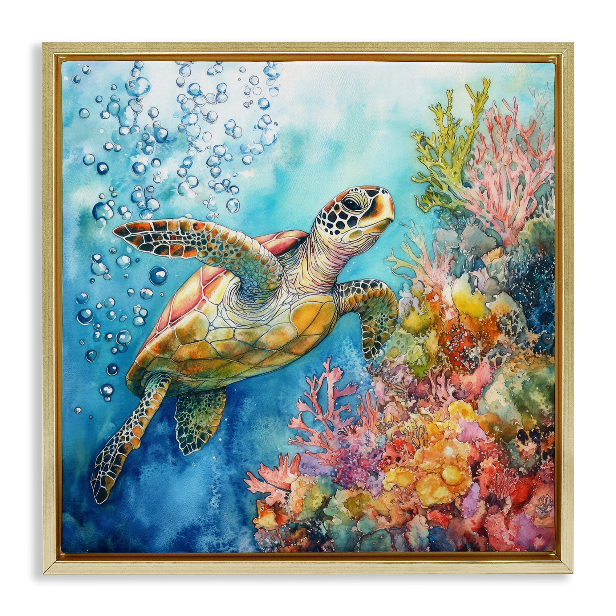 Stupell Industries Underwater Sea Turtle Bubbles Gold Framed Floater Canvas Wall Art, design by Tina LeCour