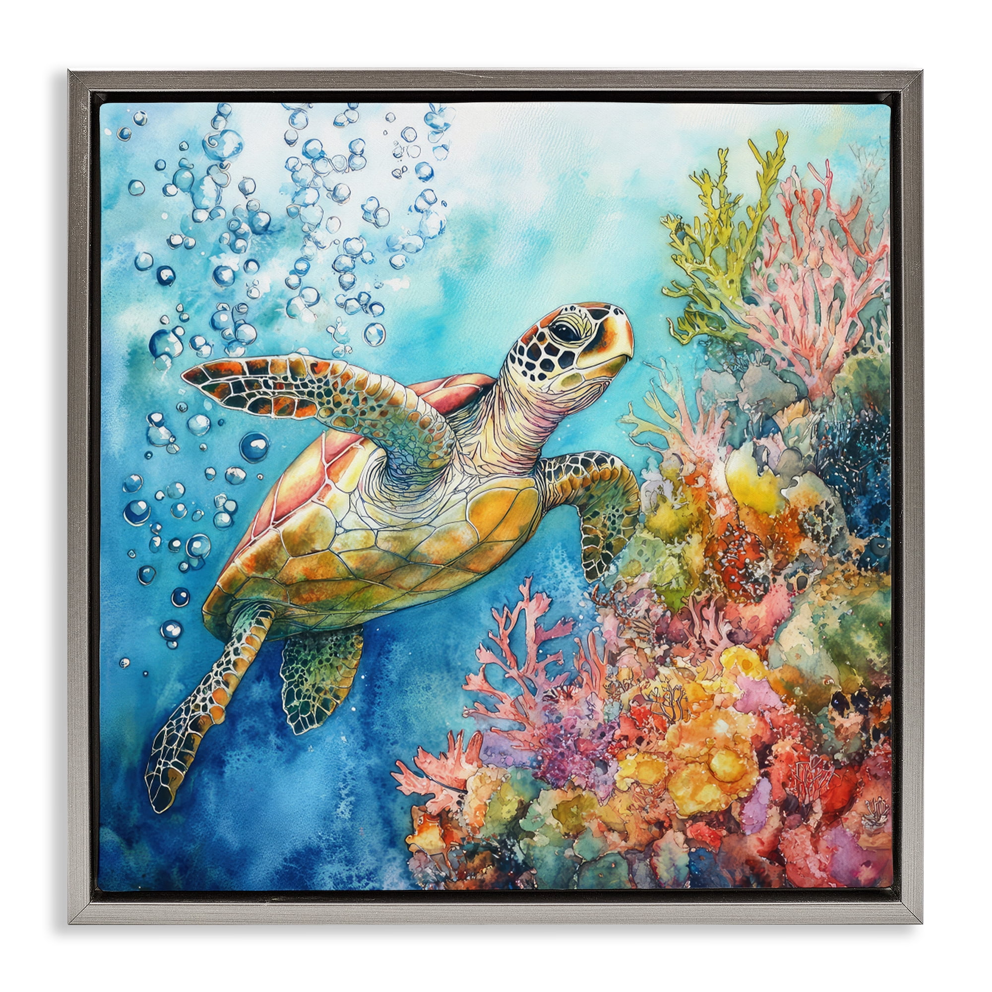 Stupell Industries Underwater Sea Turtle Bubbles Gray Framed Floater Canvas Wall Art, design by Tina LeCour