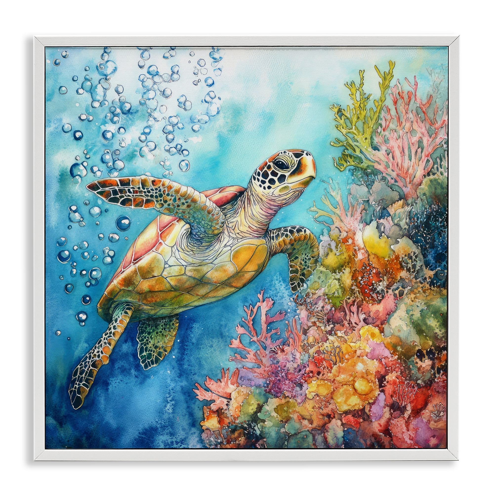 Stupell Industries Underwater Sea Turtle Bubbles White Framed Giclee Art, design by Tina LeCour