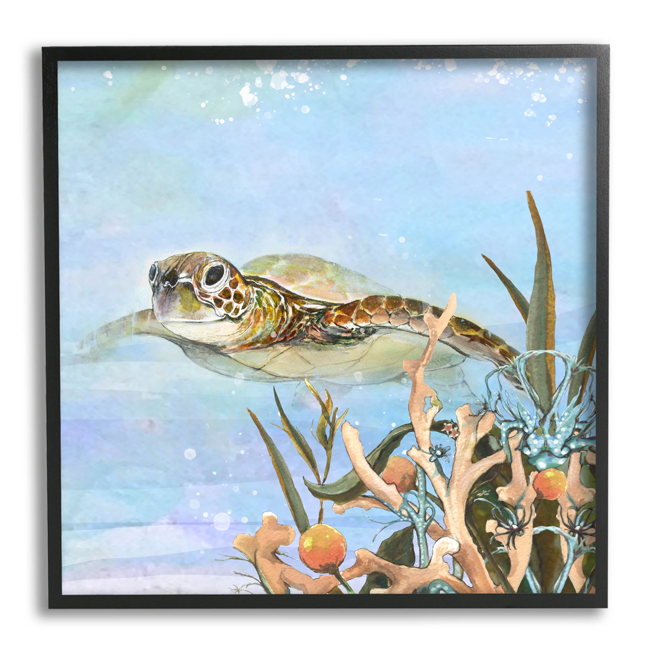 17" Blue and Brown Sea Turtle Canvas Print with Black Frame