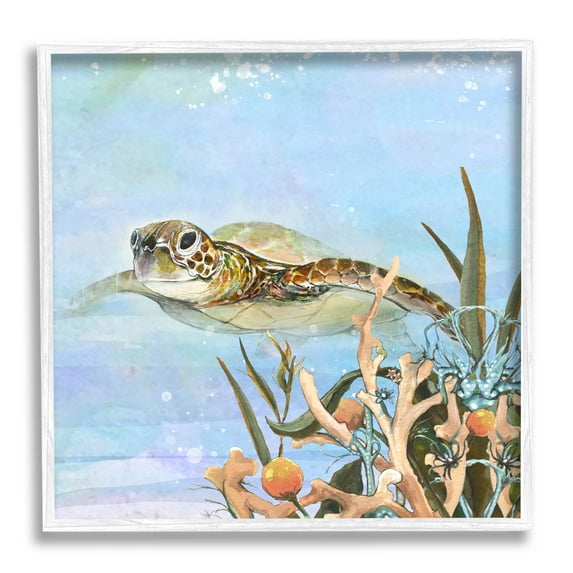 Stupell Industries Underwater Sea Turtle Swimming Graphic Art White Framed Art Print Wall Art, Design by Diannart