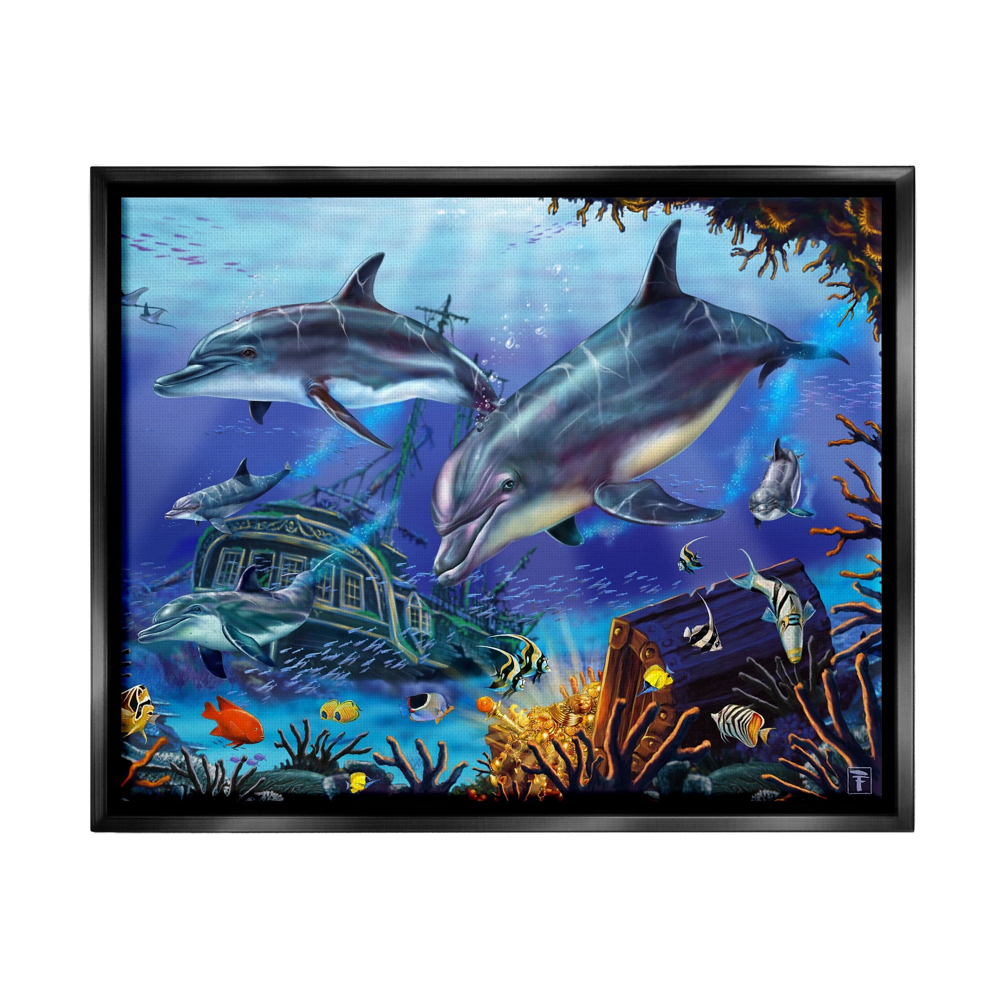 Stupell Industries Underwater Shipwreck & Treasure Coastal Painting Black Floater Framed Art Print Wall Art