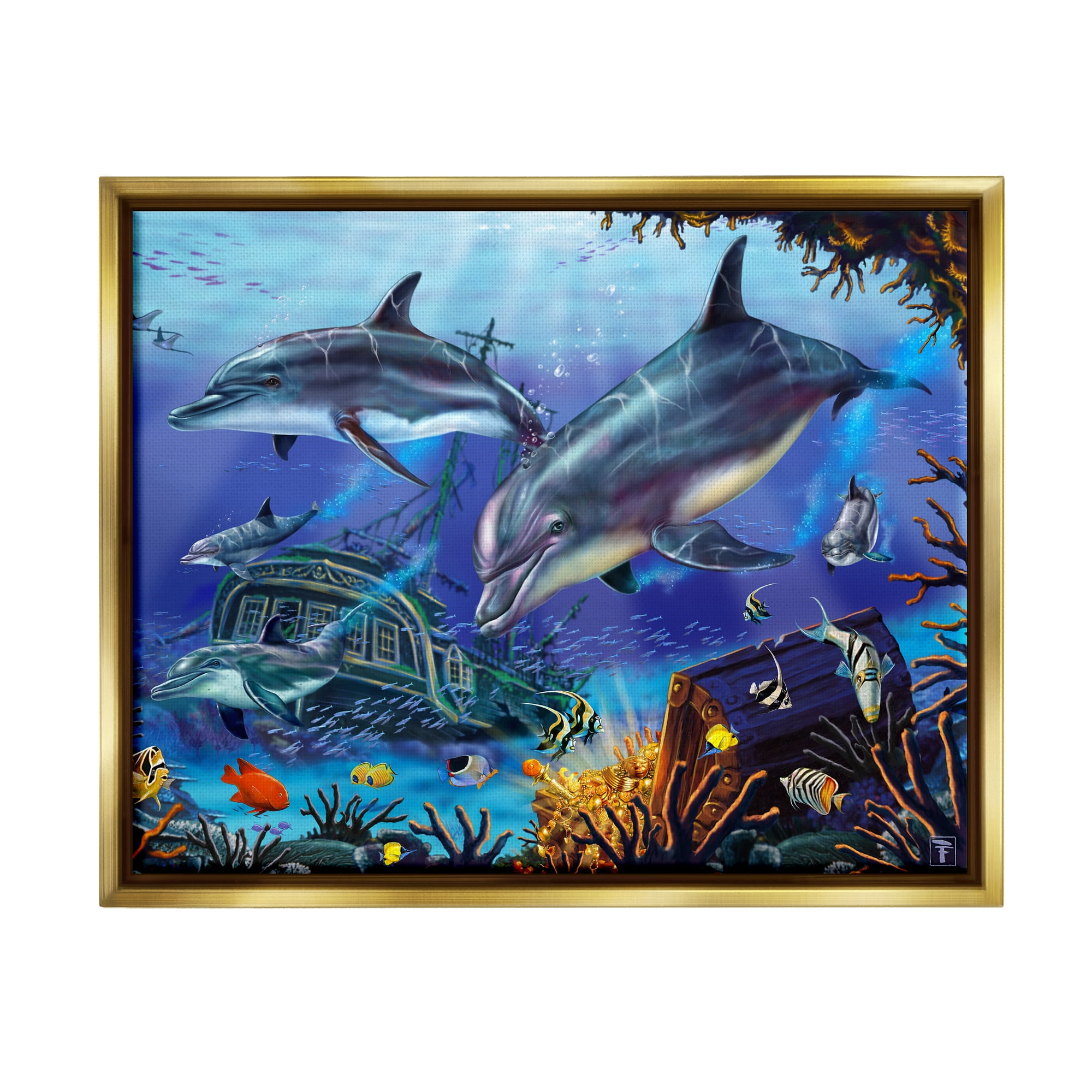 Stupell Industries Underwater Shipwreck & Treasure Coastal Painting Gold Floater Framed Art Print Wall Art